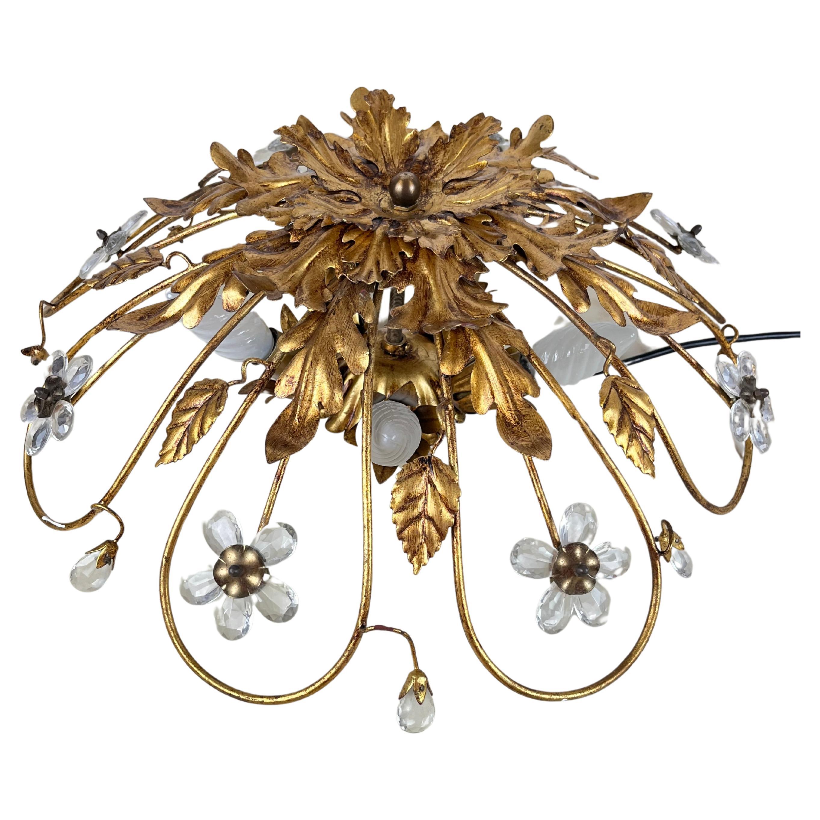 Banci Ceiling Light in Gilded Iron and Crystal Flowers Italian Design 1980s For Sale