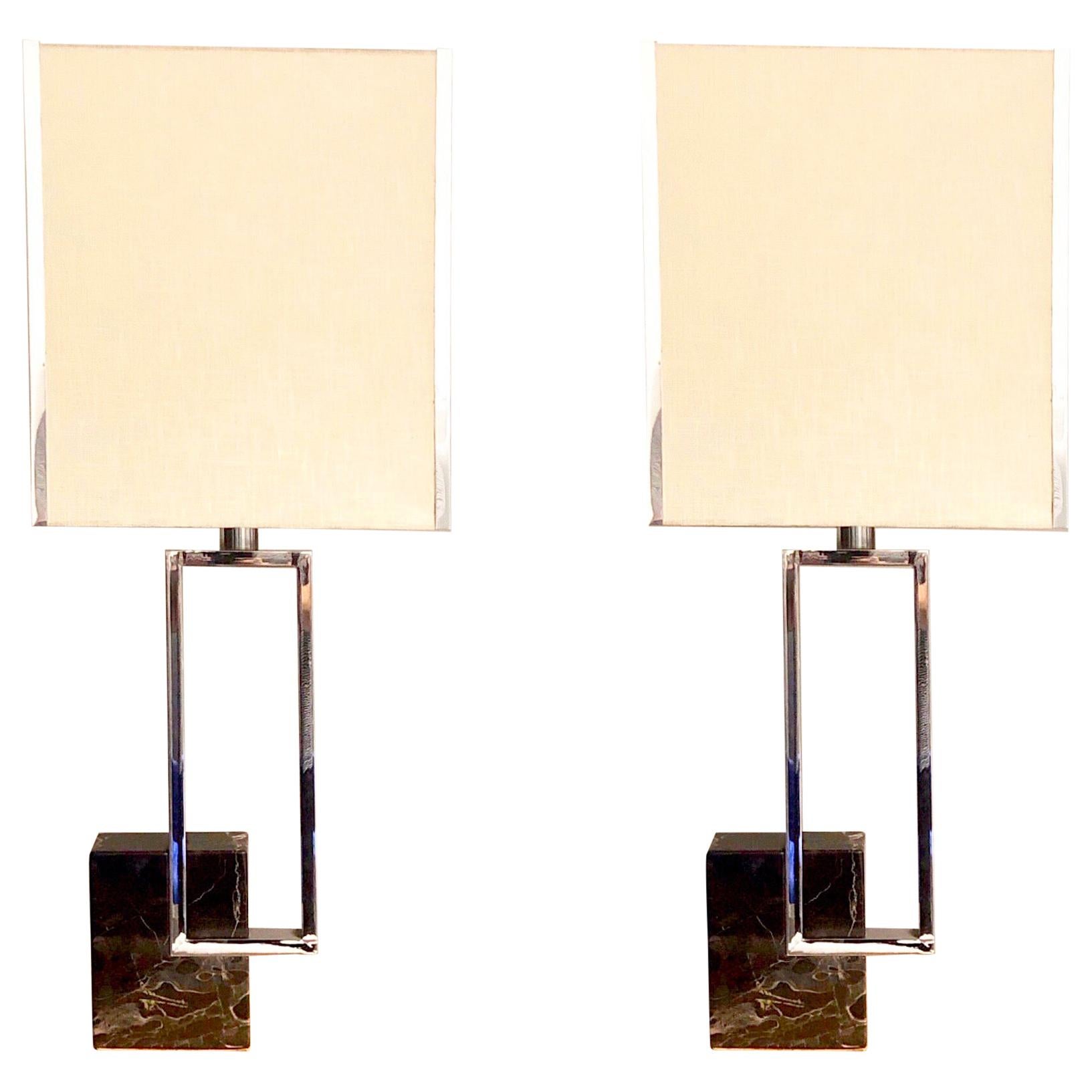 Banci Firence Pair of Italian Geometric Marble and Chrome Table Lamps For Sale