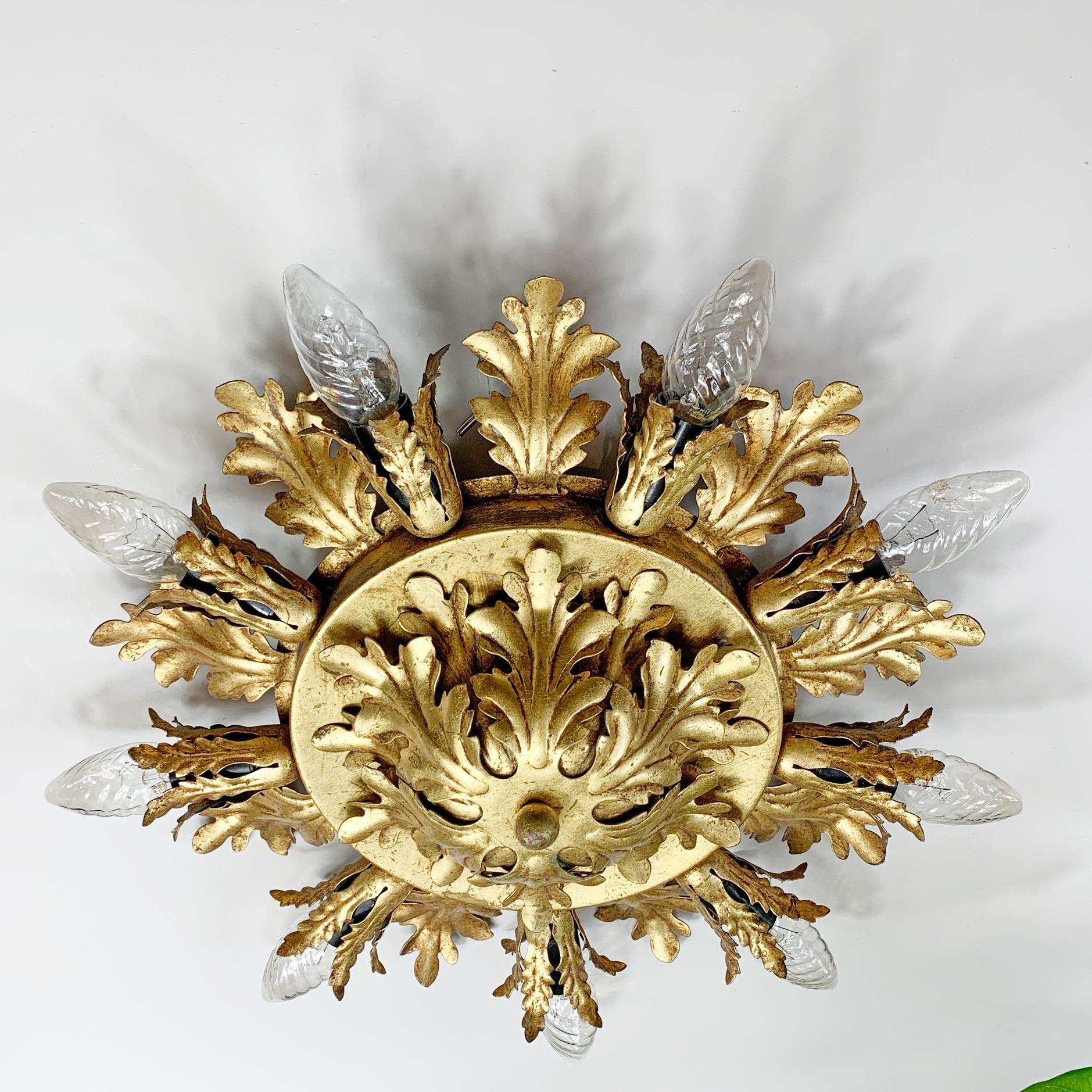 Italian florentine flush mount ceiling light, Banci Firenze, Italy, 1950s 
Stunning Gold Acanthus Leaf Design in original gilt finish

42cm width 13cm depth (Protrusion From Ceiling)

9 Bulb Holders, E14 Small Screw In 
The light has original