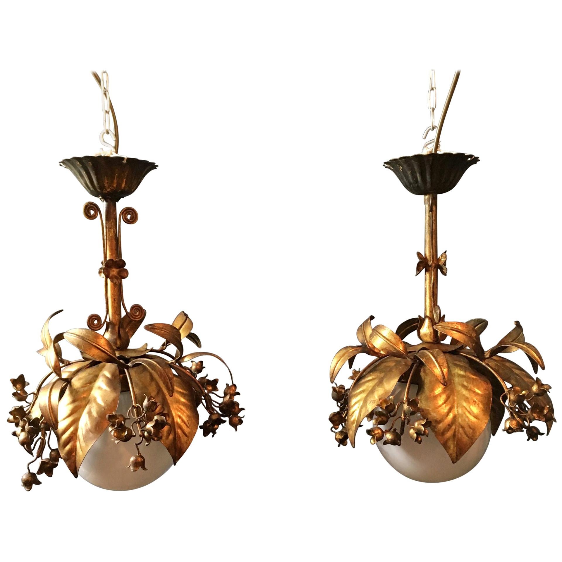 Banci Firenze, 1950s Gilt Globe Pendant Lights