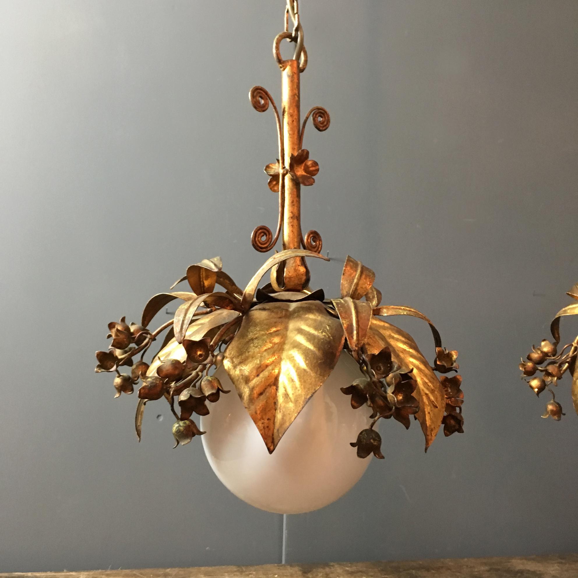 Banci Firenze 1950s Gilt Hanging Globe Pendant Lights 2