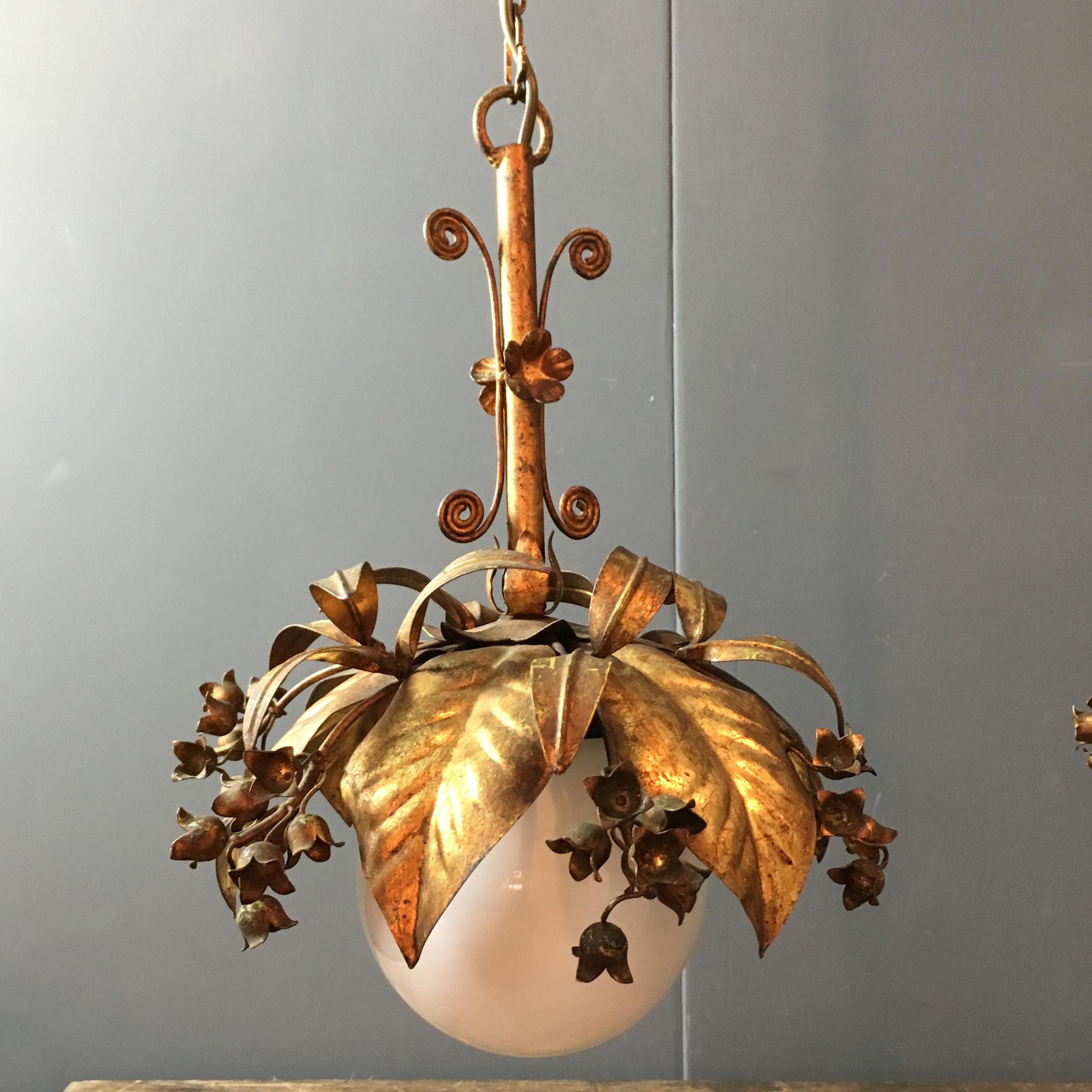 Milk Glass Banci Firenze 1950s Gilt Hanging Globe Pendant Lights