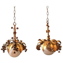 Banci Firenze 1950s Gilt Hanging Globe Pendant Lights