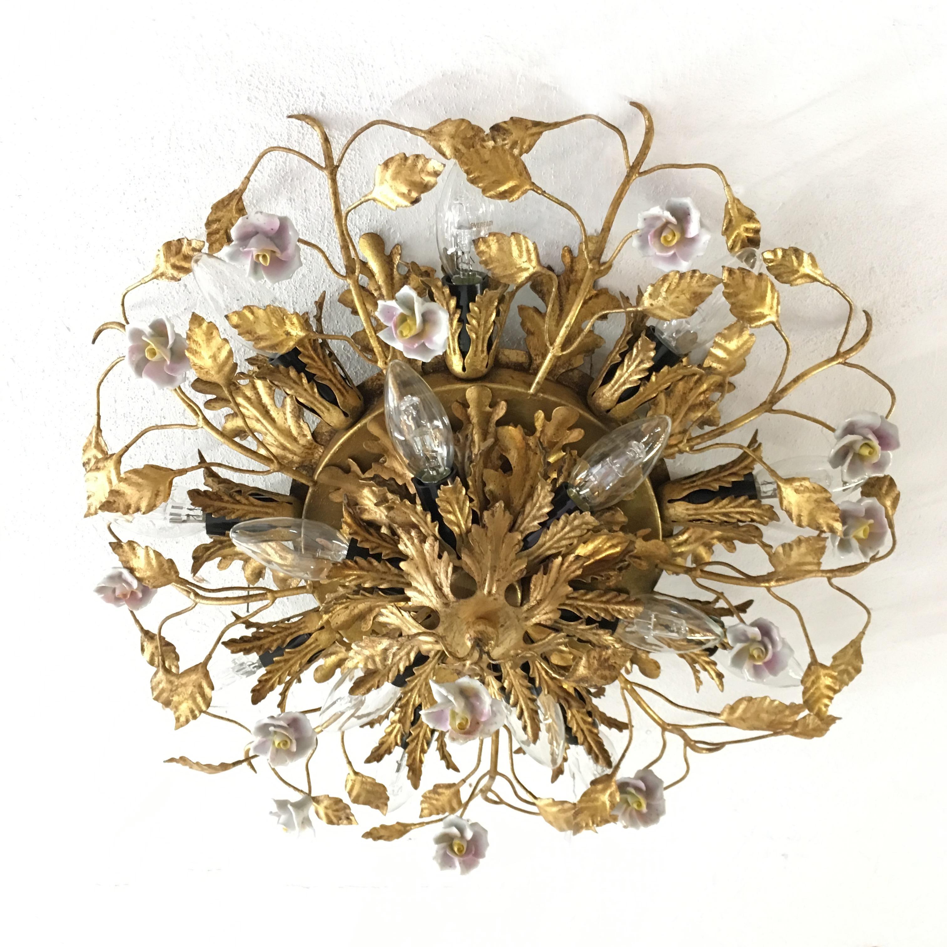 Hand-Crafted Banci Firenze Florentine Ceiling Light with Porcelain Flowers