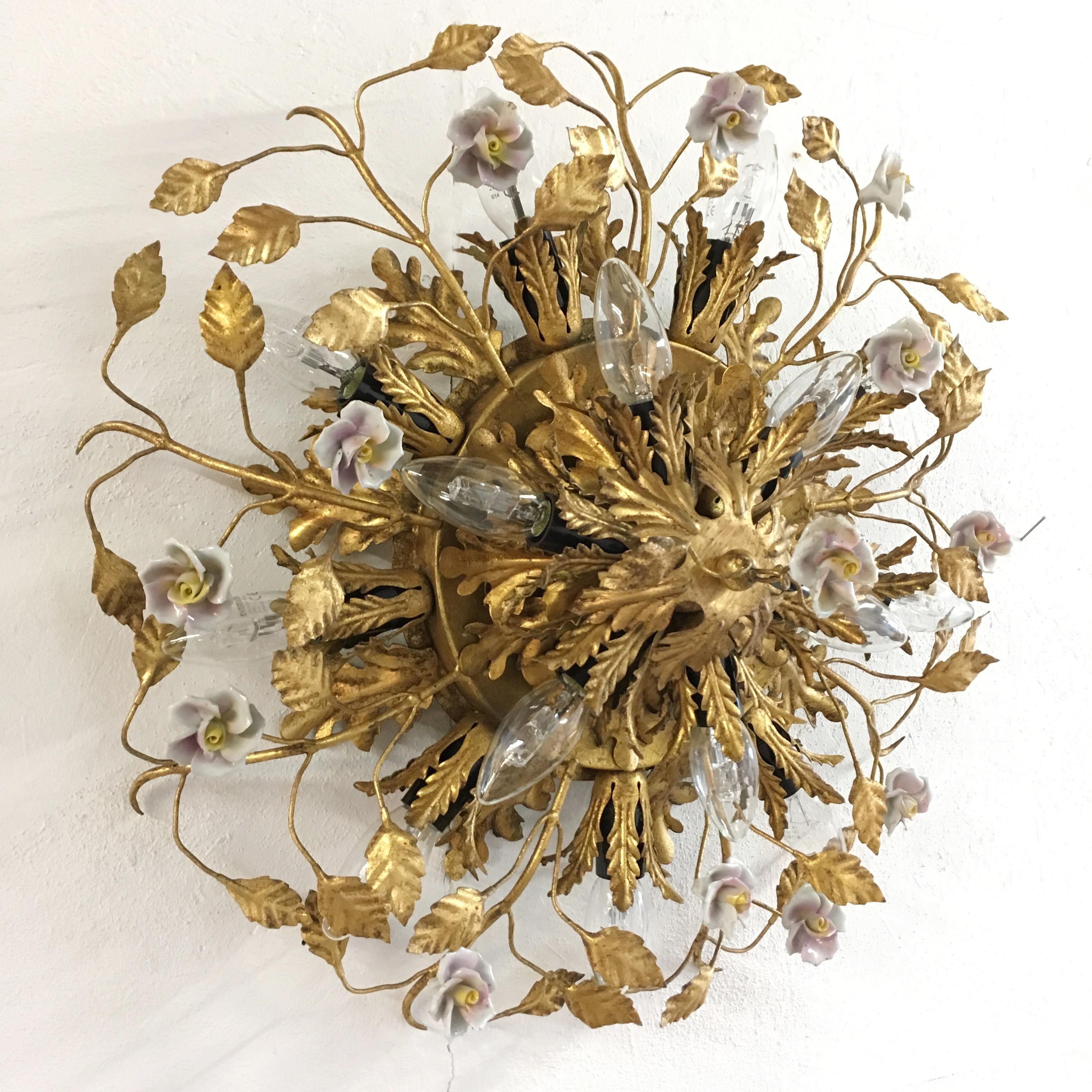 20th Century Banci Firenze Florentine Ceiling Light with Porcelain Flowers