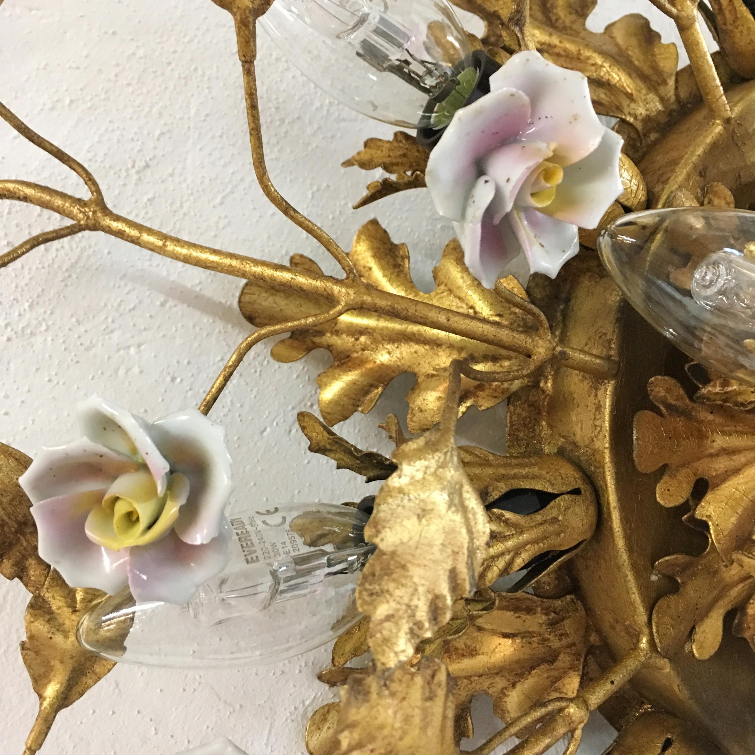 Metal Banci Firenze Florentine Ceiling Light with Porcelain Flowers
