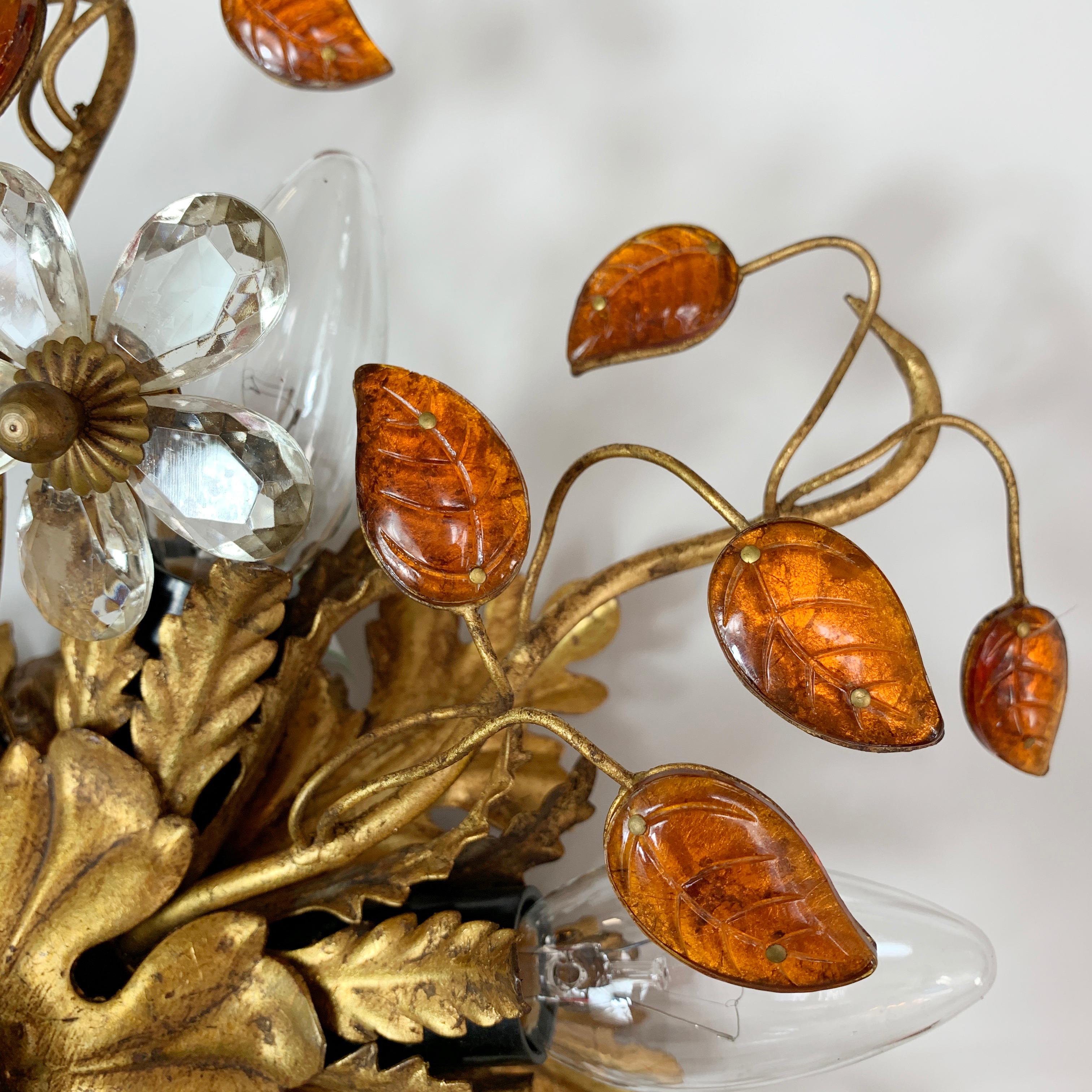 Italian florentine flushmount ceiling light. Banci Firenze, florence (firenze) Italy 1950s. Stunning gilt acanthus leaf design with clear Murano glass flowers and amber Murano glass leaves on Fine gilt stems. Featuring 6 bulb holders, e14 small