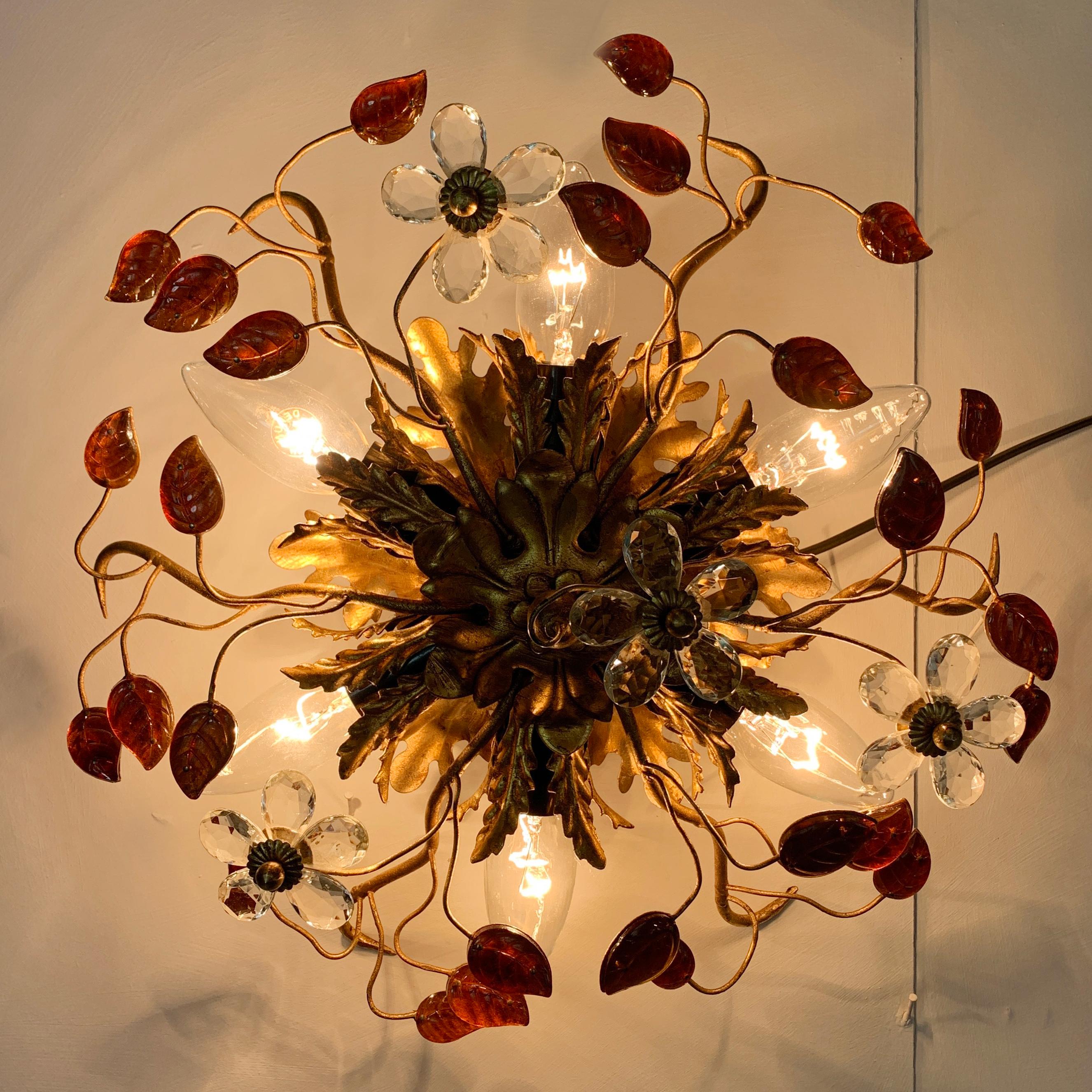 Italian Florentine flush mount ceiling light
Banci Firenze, Florence (Firenze), Italy, 1970s
Stunning gilt acanthus leaf design with clear Murano glass flowers and amber Murano glass leaves on fine gilt stems
Featuring 6 bulb holders e14 small