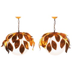 Banci Firenze Gilded Brass Leaf and Opal Glass Pendant Lamp, 1960s, Italy