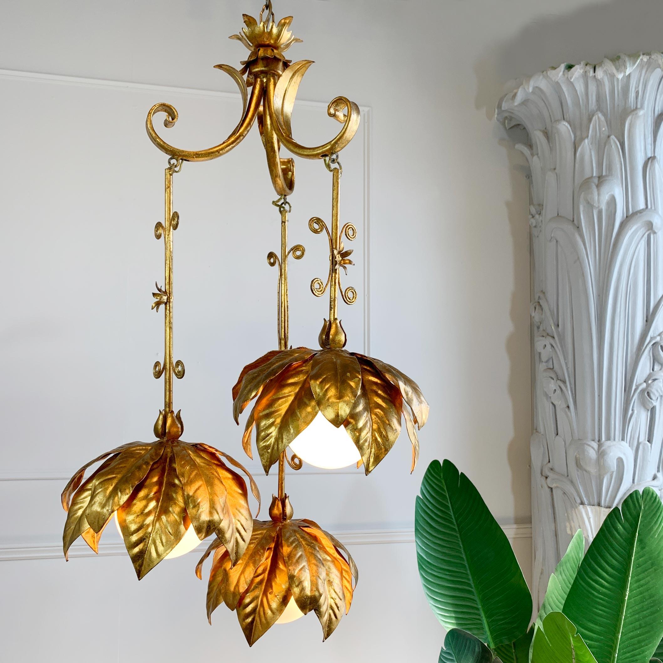 Italian Banci Firenze Gold Globe Triple Pendant Light For Sale