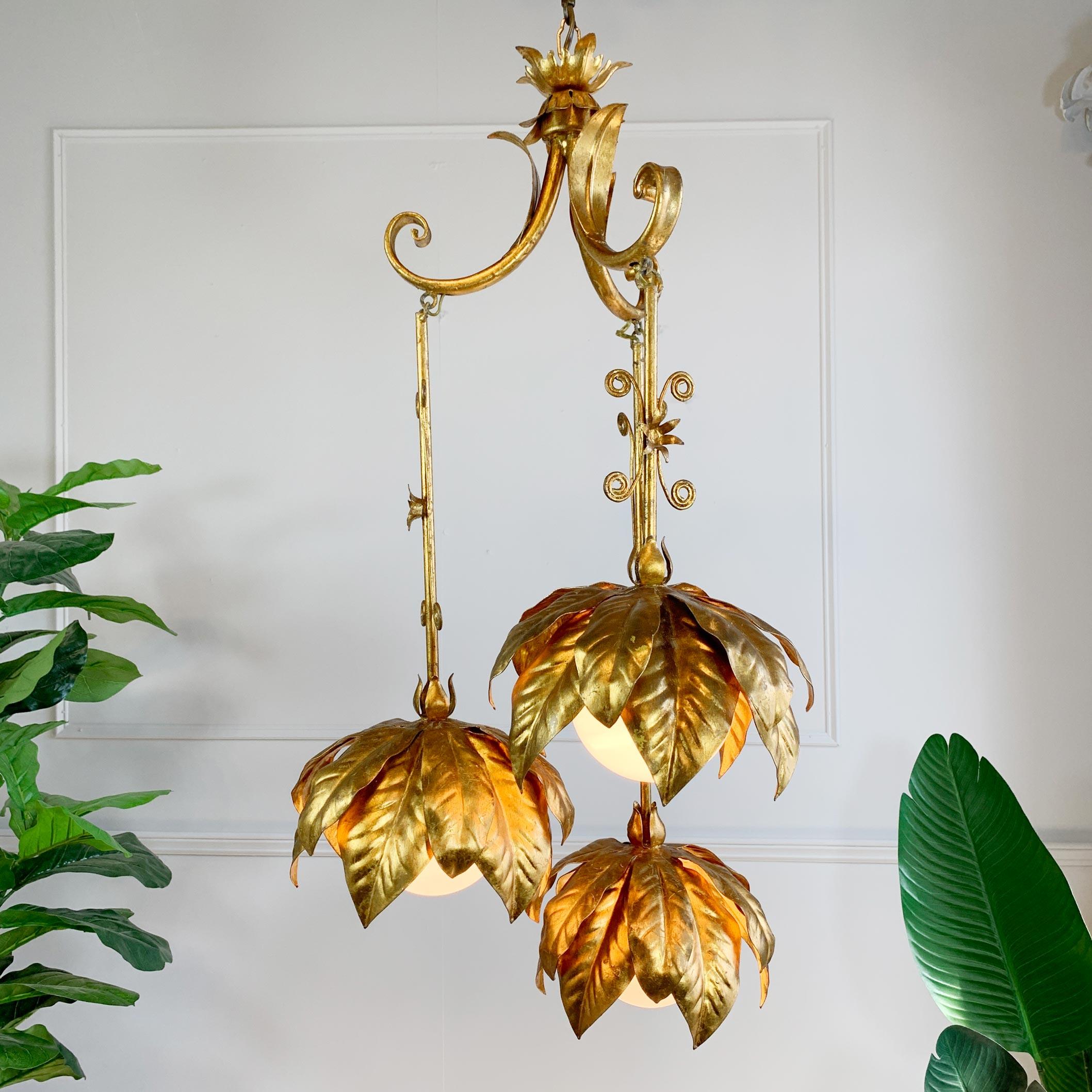 Late 20th Century Banci Firenze Gold Globe Triple Pendant Light For Sale
