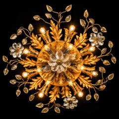 Luminaire encastré « Banci Firenze » en métal doré, orné de fleurs en cristal et de feuilles en verre
