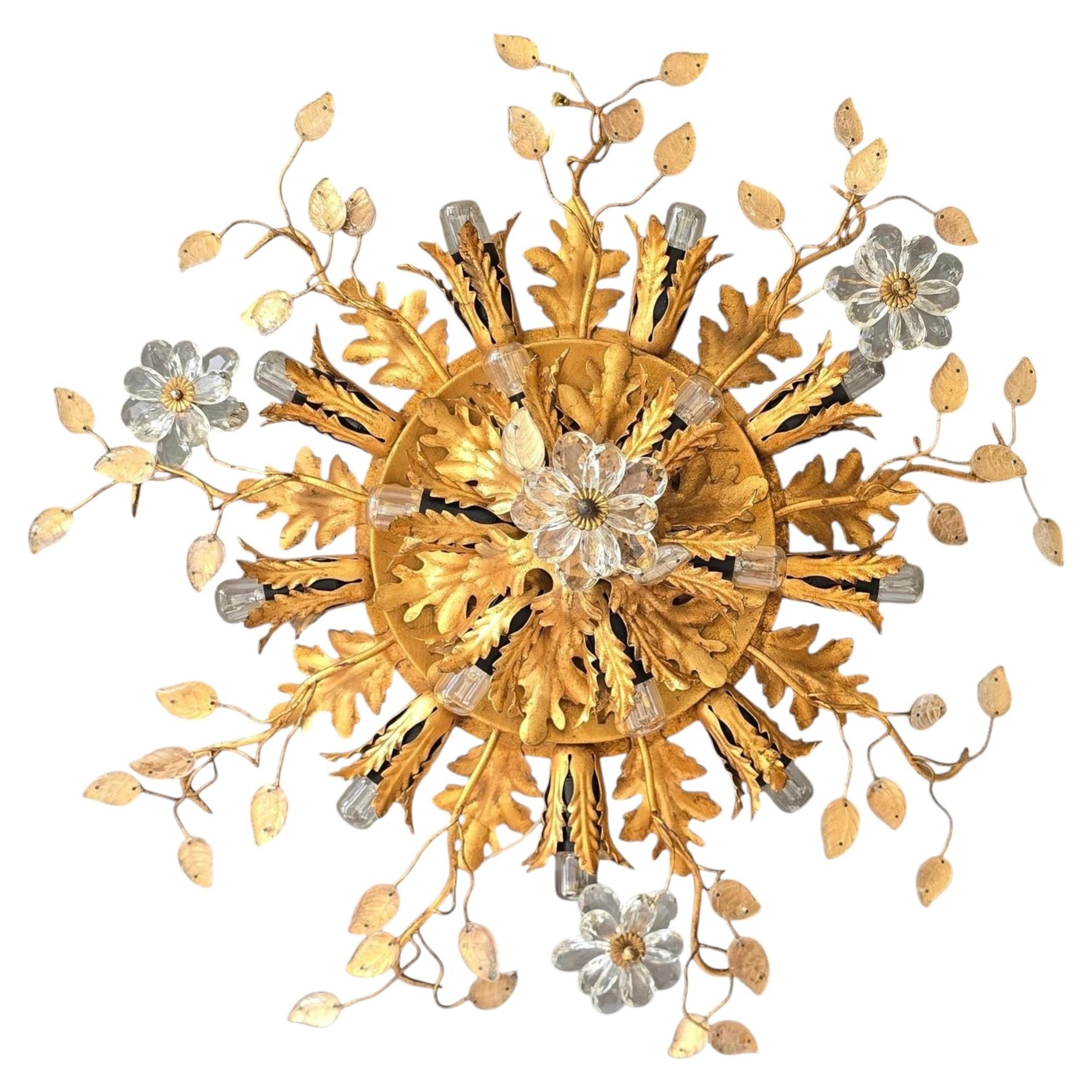 Banci Firenze Gilt Metal Flush Mount with Crystal Flowers and Glass Leaves