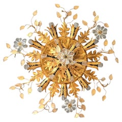 Luminaire encastré « Banci Firenze » en métal doré, orné de fleurs en cristal et de feuilles en verre