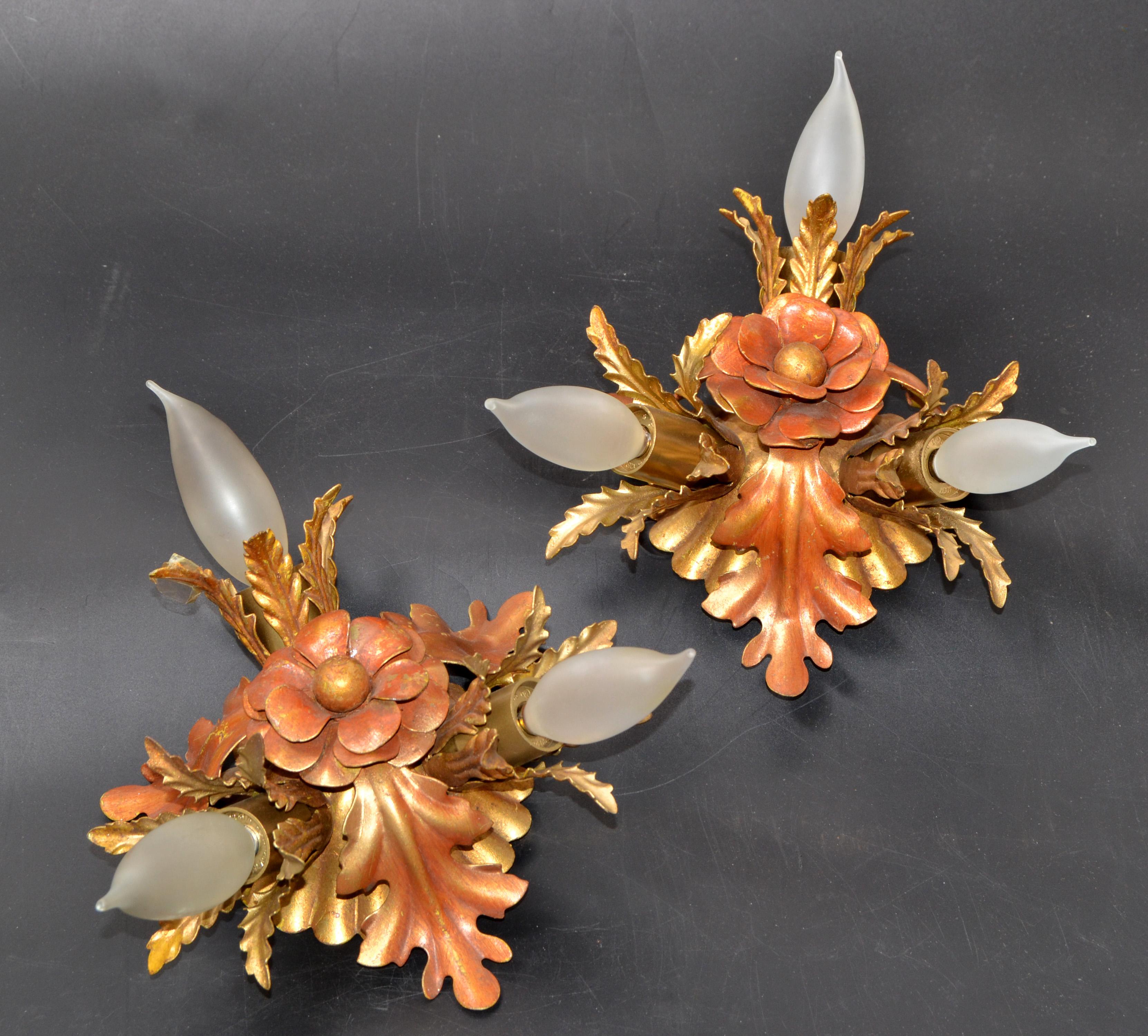 Hand-Crafted Banci Firenze Italian Brass & Steel Flower Sconces Wall Lights Art Deco, Set 2 