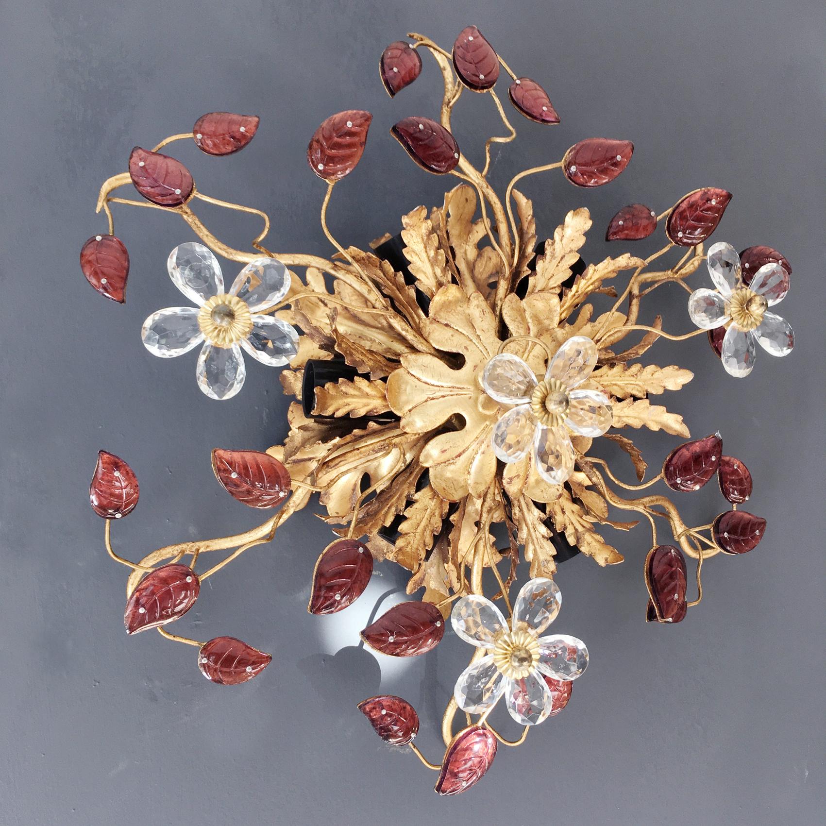 Italian florentine flush mount ceiling light,

Banci Firenze, Italy,

1950s.

Stunning gold acanthus leaf design with clear glass flowers and rose pink/purple glass leaves with gilt stems, Murano glass.

We have added many photos as the