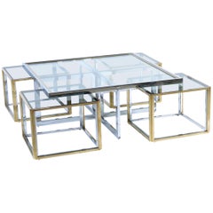 Banci Firenze Midcentury Chrome and Gold Brass Glass Top Nest Coffee Table 1970