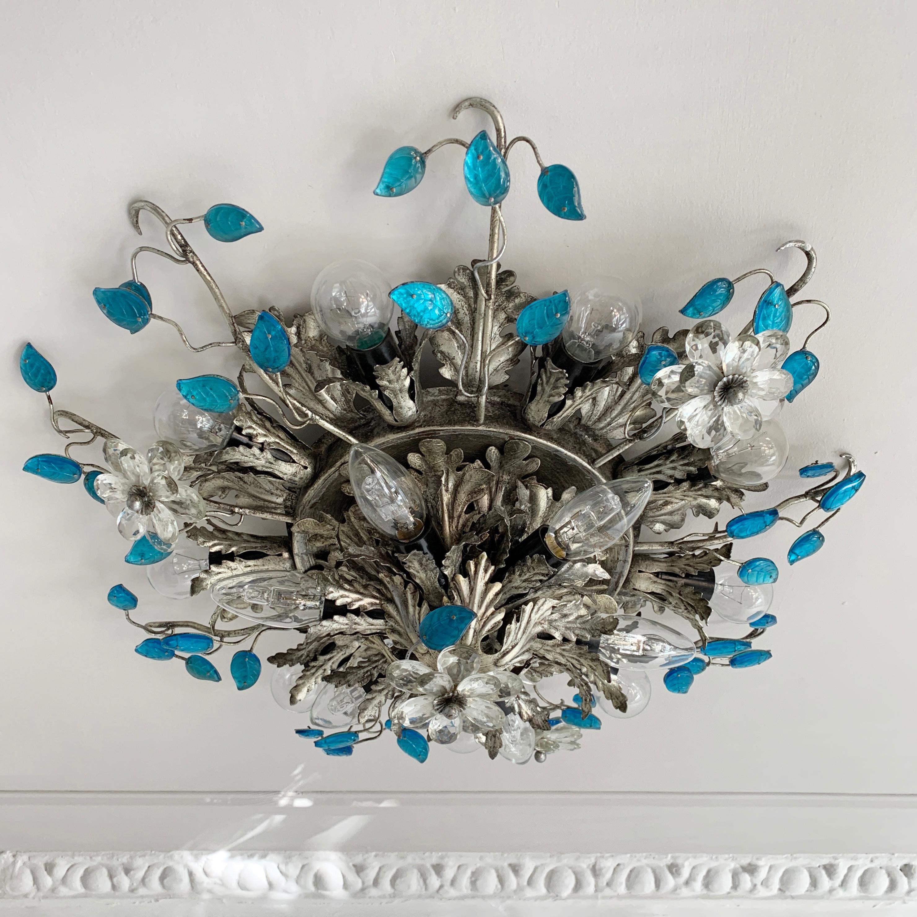 Mid-Century Modern Banci Firenze Silver Florentine Ceiling Light with Murano Glass Flowers