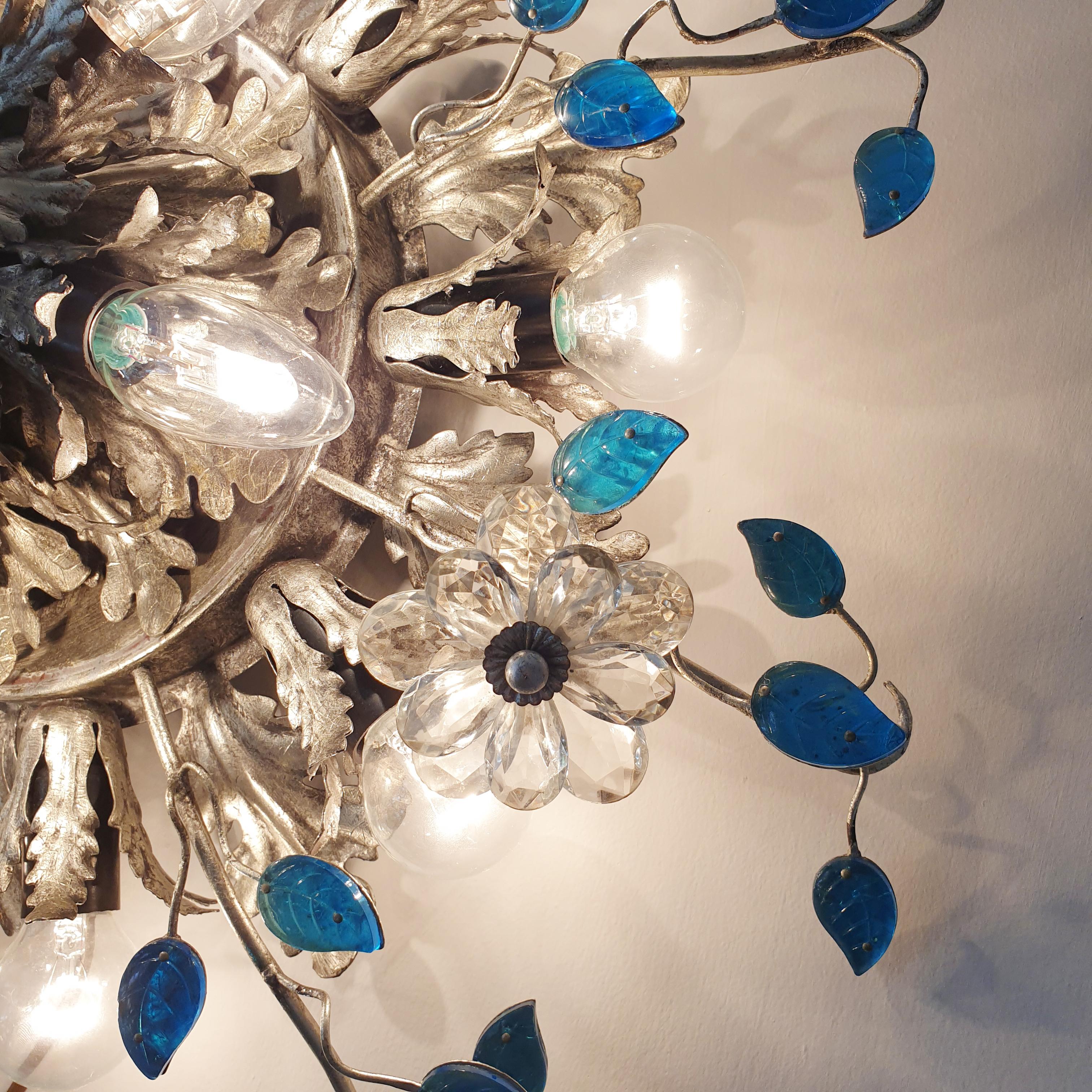 Italian Banci Firenze Silver Florentine Ceiling Light with Murano Glass Flowers