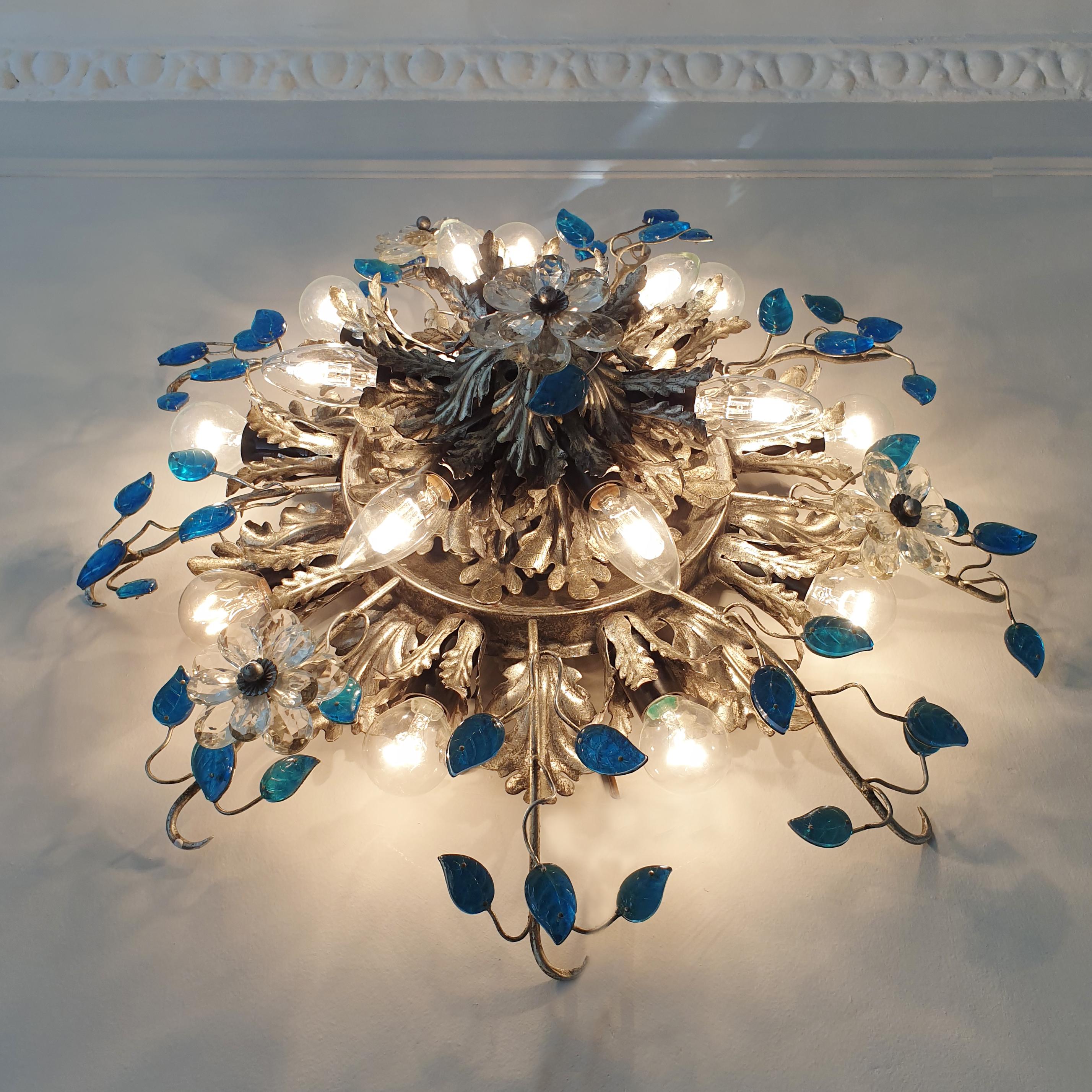Banci Firenze Silver Florentine Ceiling Light with Murano Glass Flowers In Good Condition In Hastings, GB