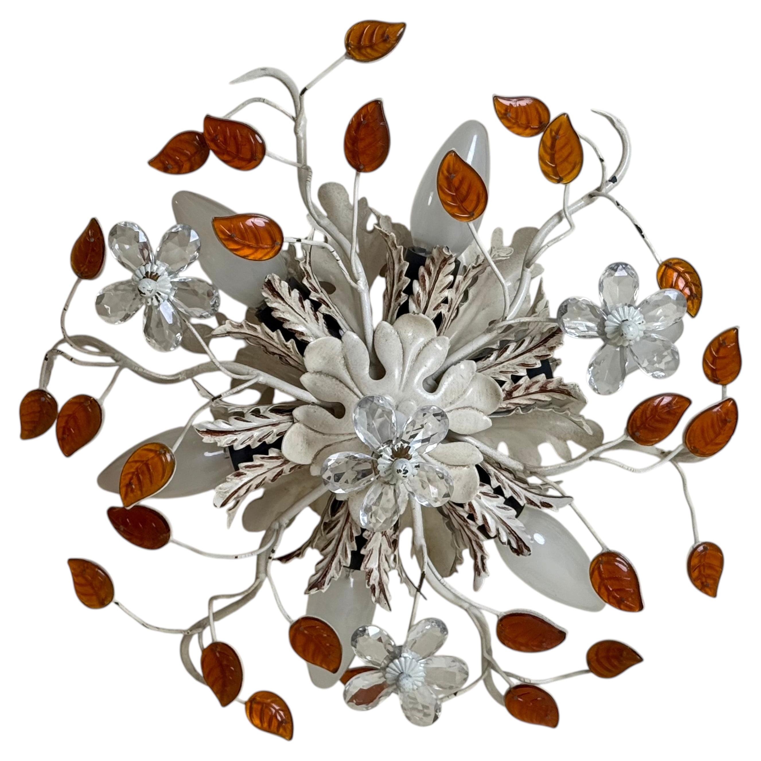 Banci Firenze Style Floral Flush Mount Ceiling Light with Amber Glass Leaves For Sale