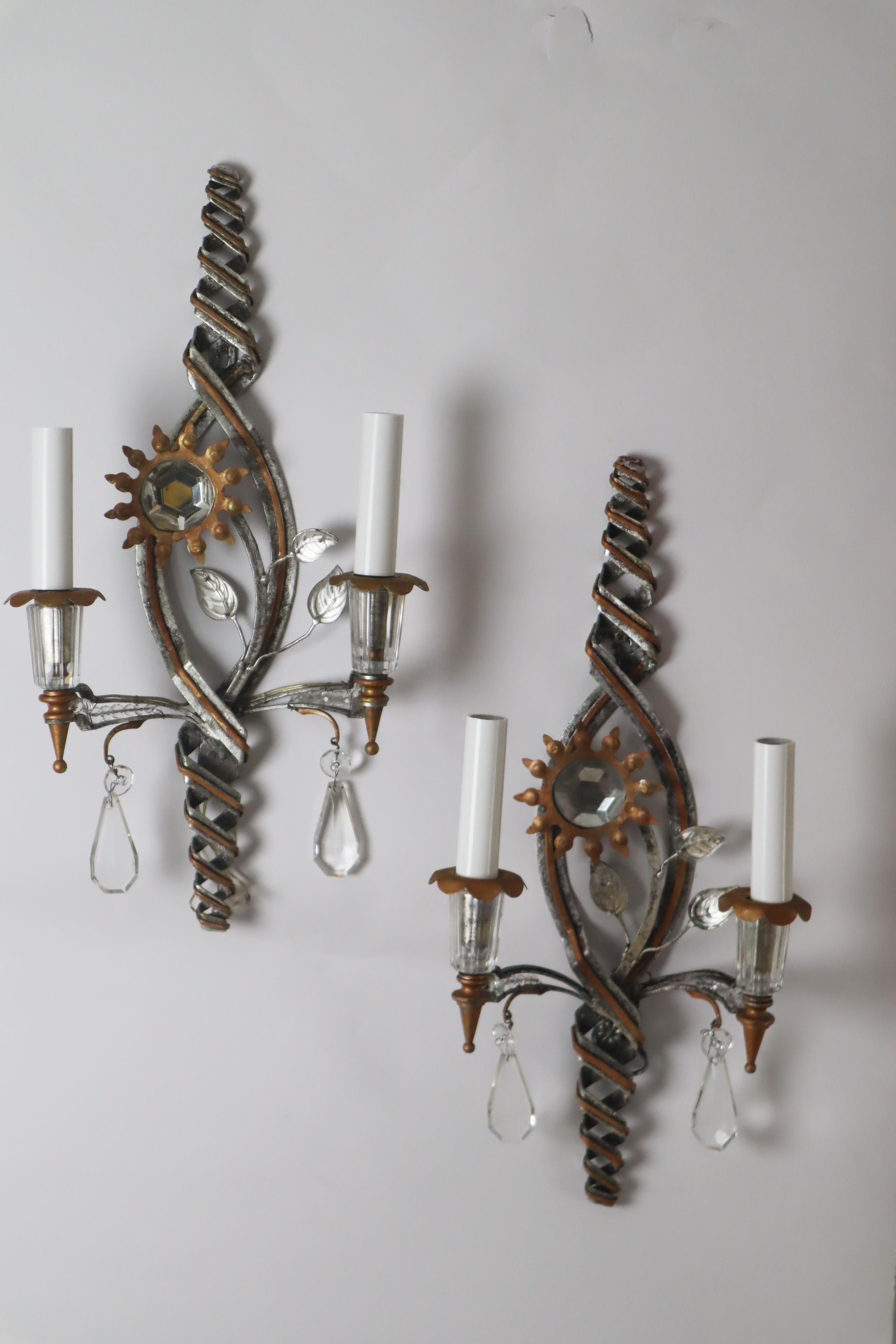 Fatto a mano Banci Firenze super coppia di appliques perlate in foglia d'oro e d'argento. 1970s in vendita