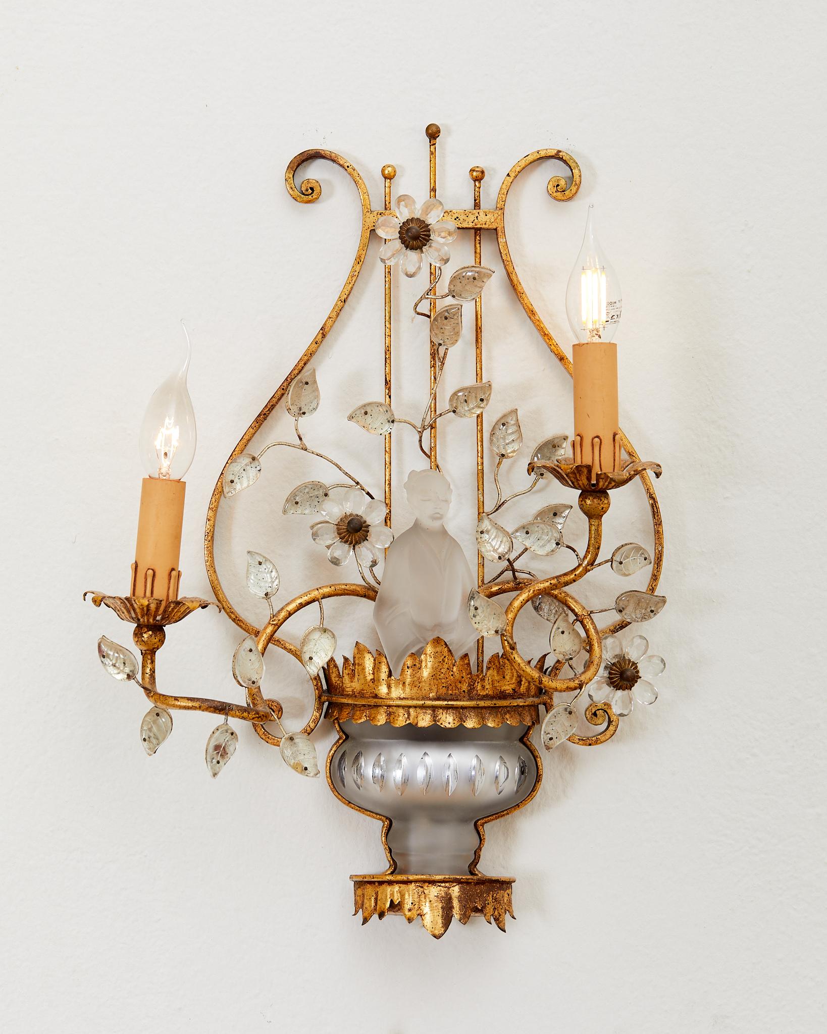 Late 20th Century Banci Florence, Pair of gilded iron sconces, circa 1970, Italy. For Sale
