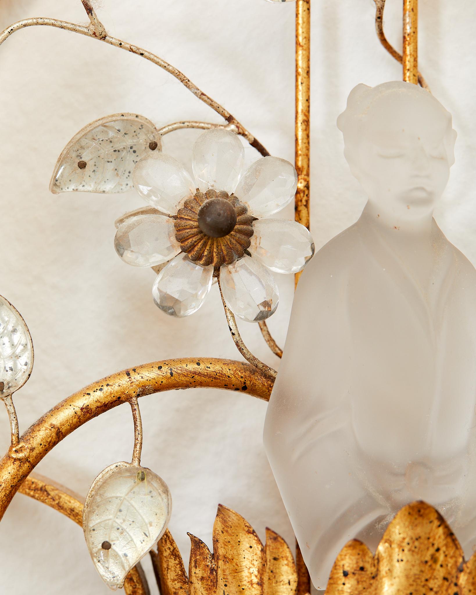Crystal Banci Florence, Pair of gilded iron sconces, circa 1970, Italy. For Sale