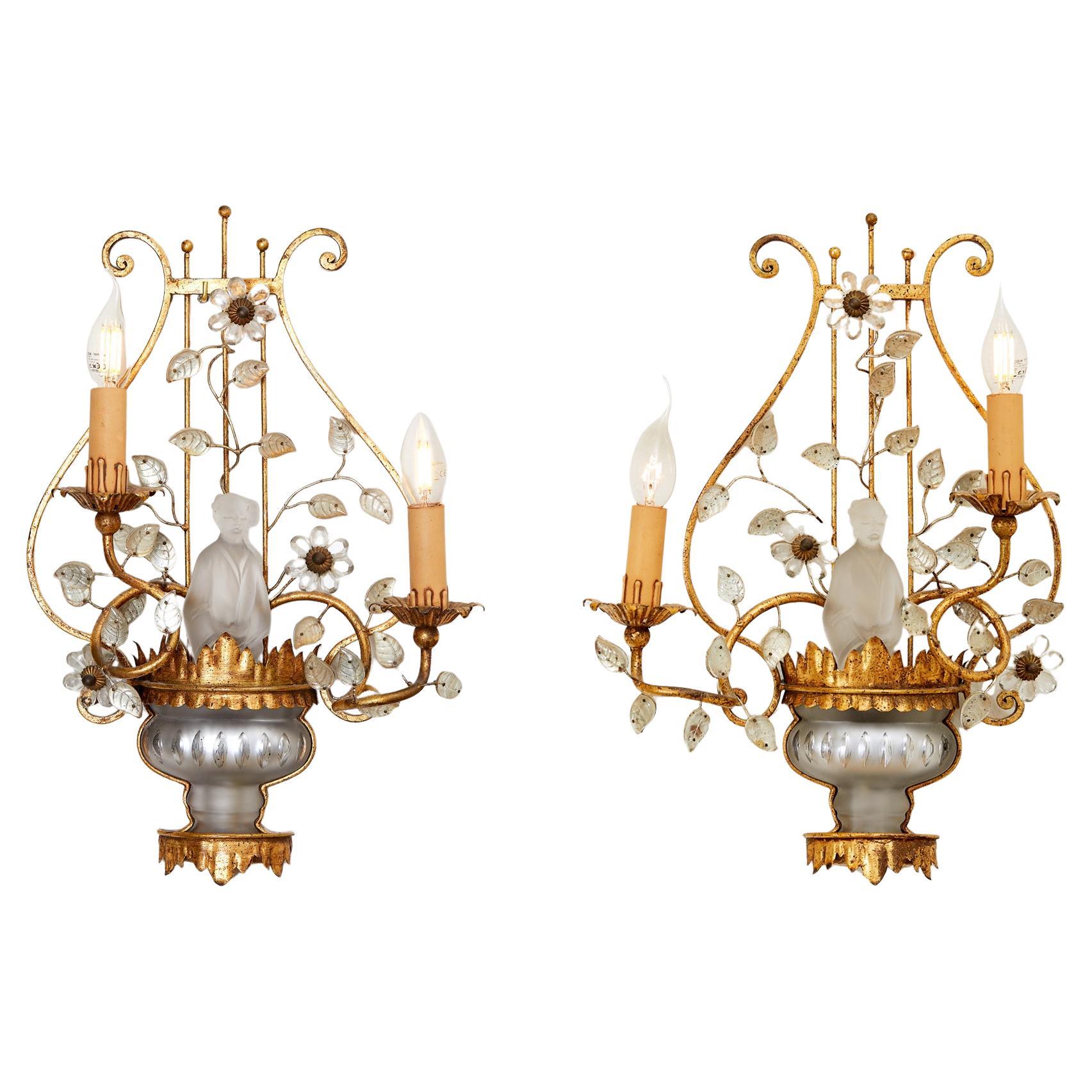 Banci Florence, Pair of gilded iron sconces, circa 1970, Italy.
