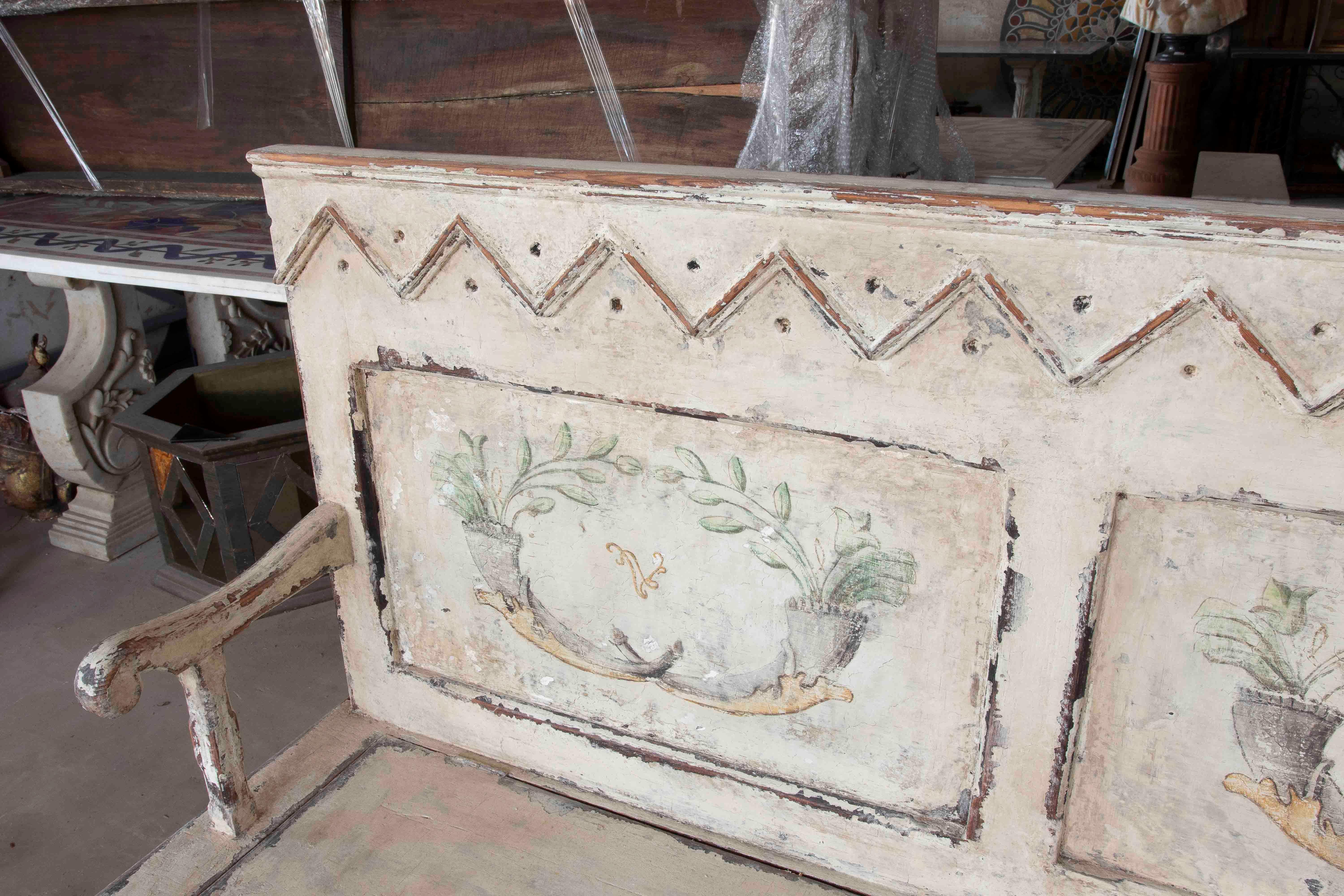 20th Century 1950s Rustic Bench with Polychrome Interior Storage Trunk with Garlands For Sale