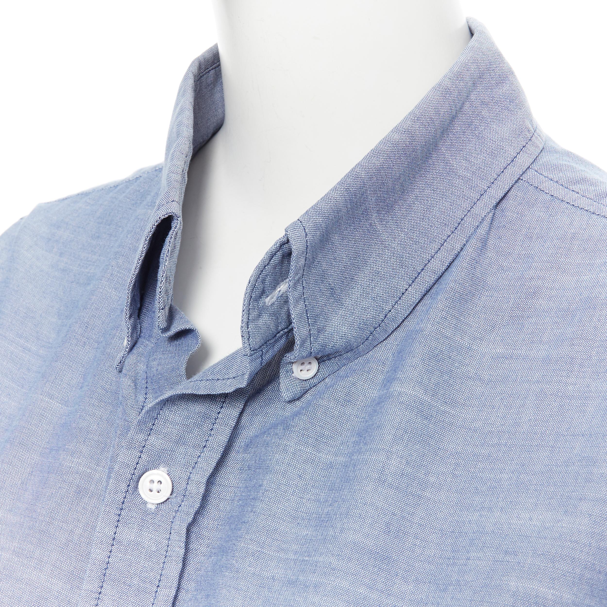 BAND OF OUTSIDER 100% cotton blue chambray curved hem casual shirt Size 3
Brand: Band of Outsider
Model Name / Style: Casual shirt
Material: Cotton
Color: Blue
Pattern: Solid
Closure: Button
Extra Detail: Long Sleeve. Collared neckline. Spread