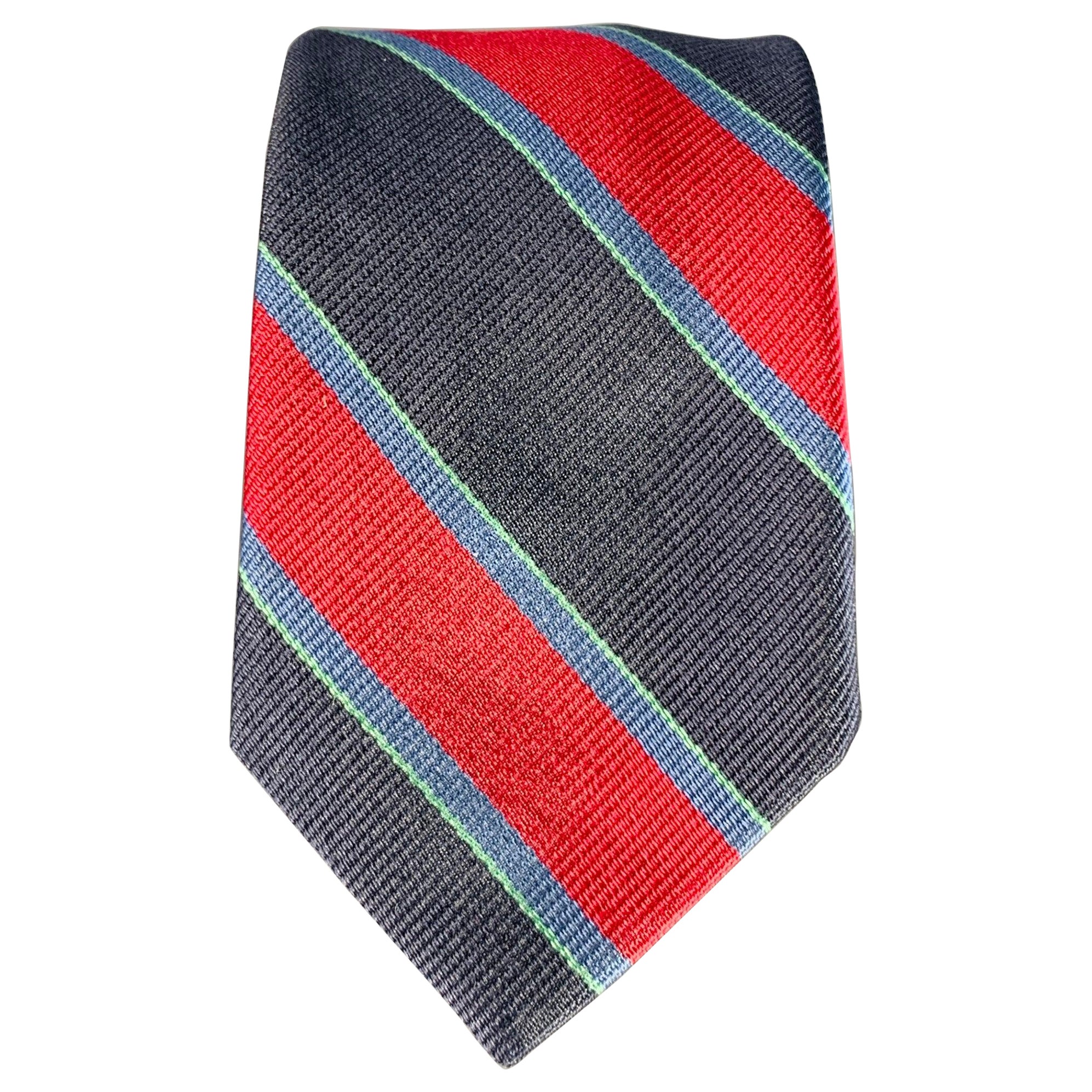 BAND OF OUTSIDERS Navy Red Green Diagonal Stripe Silk Skinny Tie For Sale