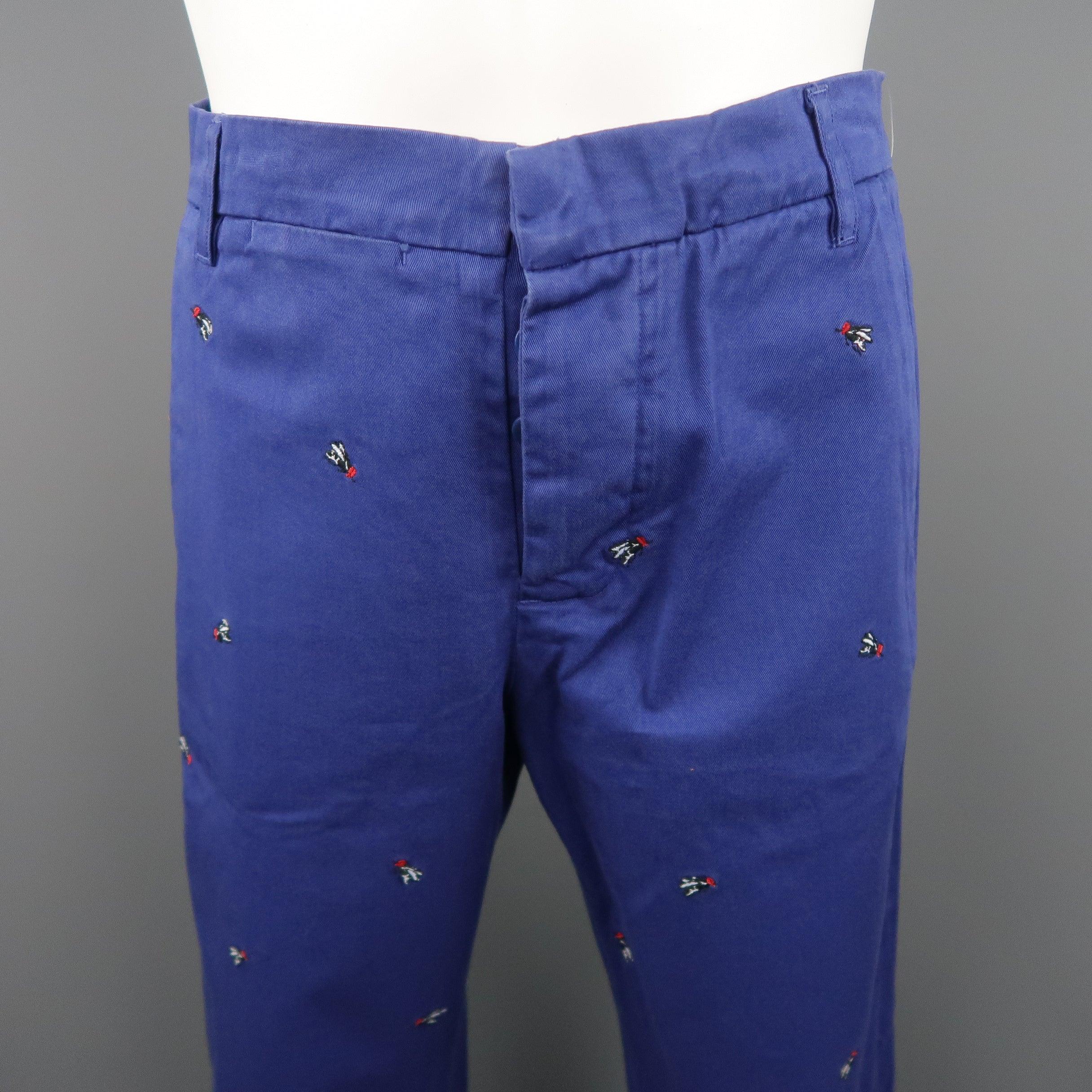 BAND OF OUTSIDERS Size 32 Navy Embroidery Cotton 32 Button Fly Casual Pants In Good Condition For Sale In San Francisco, CA