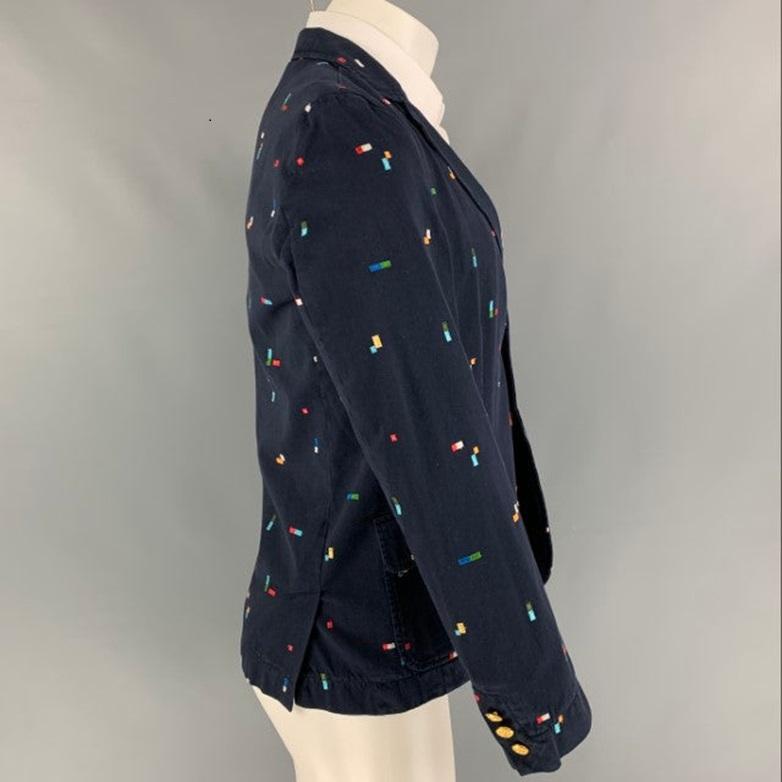 BAND OF OUTSIDERS sport coat comes in a multi-color cotton with embroidered details featuring a notch lapel, gold tone buttons, flap pockets, double back vent, and a two button closure. Made in USA.
Very Good
Pre-Owned Condition. 

Marked:   3