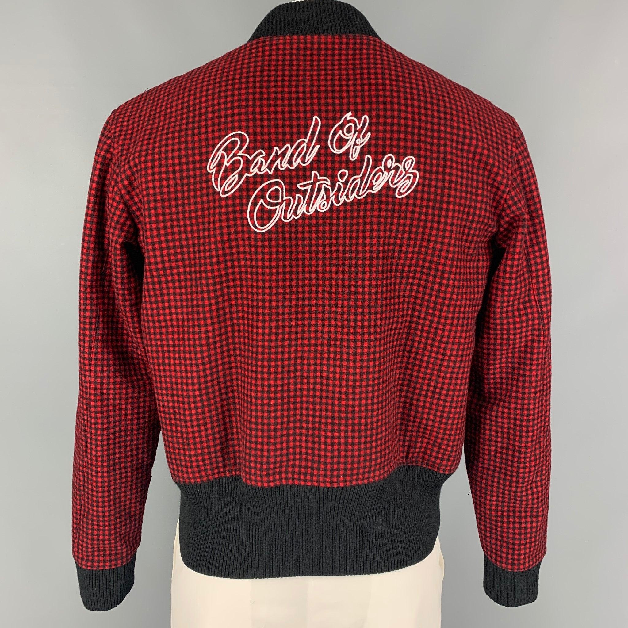 BAND OF OUTSIDERS Size 40 Red Black Checkered Wool Bomber Jacket In Good Condition For Sale In San Francisco, CA