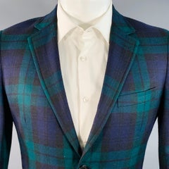 BAND OF OUTSIDERS Talla 40 Regular Verde Azul A Cuadros Lana Sarga Solapa Muesca Abrigo Deportivo