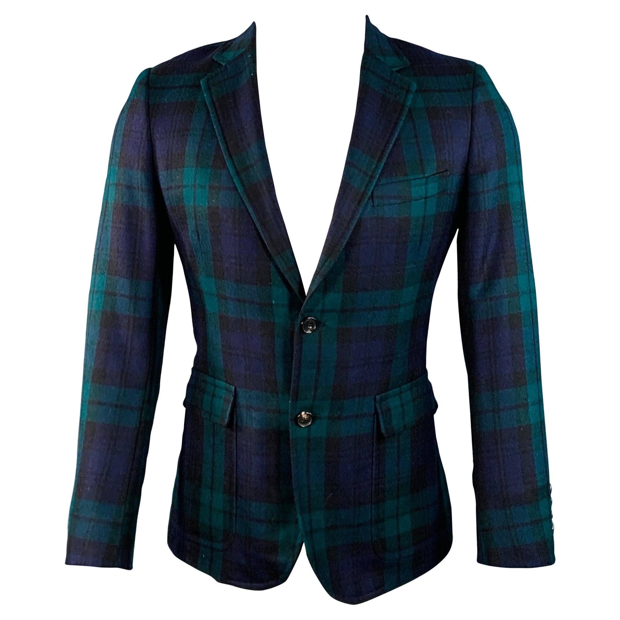 BAND OF OUTSIDERS Size 40 Regular Green Blue Plaid Wool Twill Notch Lapel Sport Coat