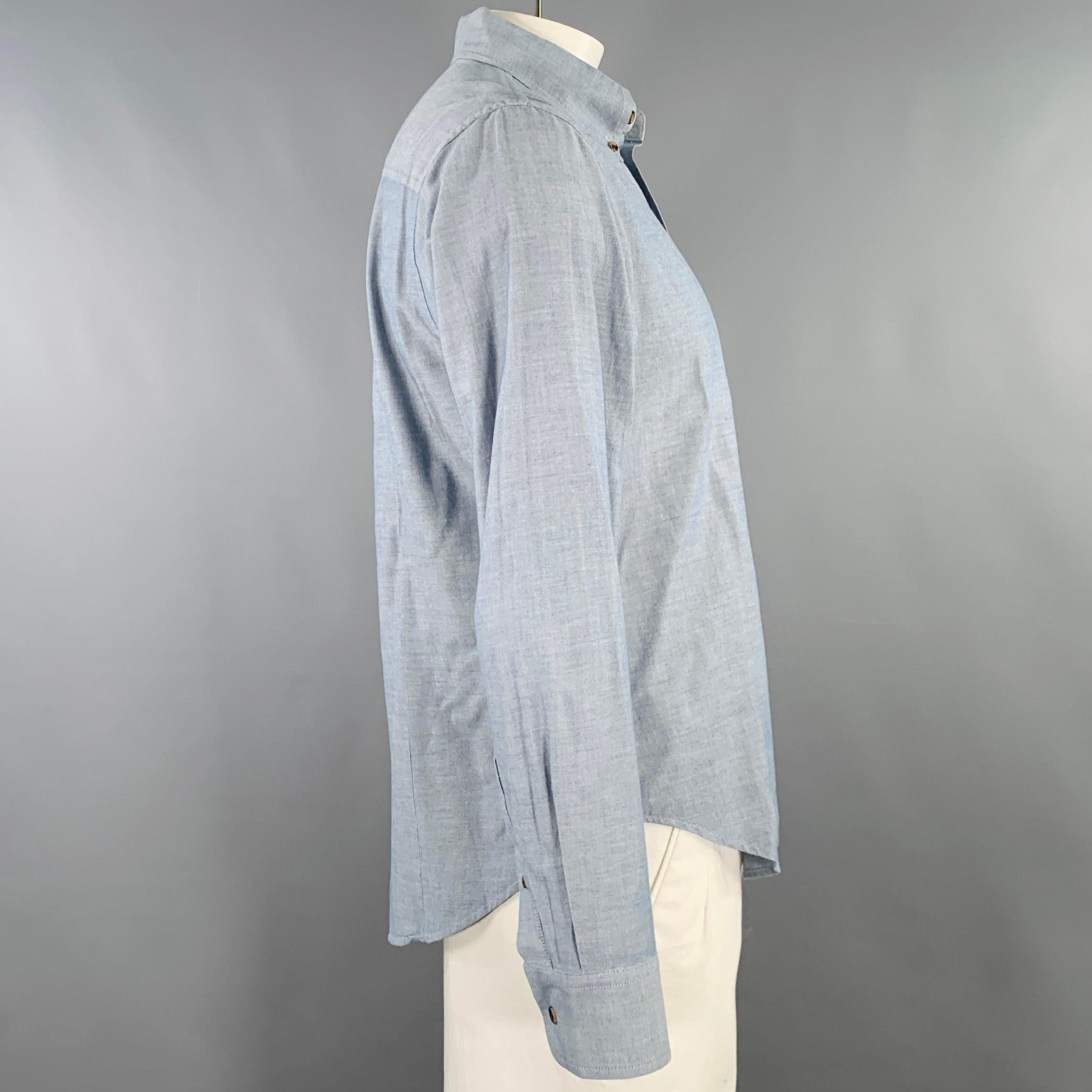 BAND OF OUTSIDERS long sleeve shirt in a grey cotton woven fabric featuring a button down collar, one pocket, and button closure. Made in USA.Excellent Pre-Owned Condition. 

Marked:   3 

Measurements: 
 
Shoulder: 17 inches Chest: 40 inches
