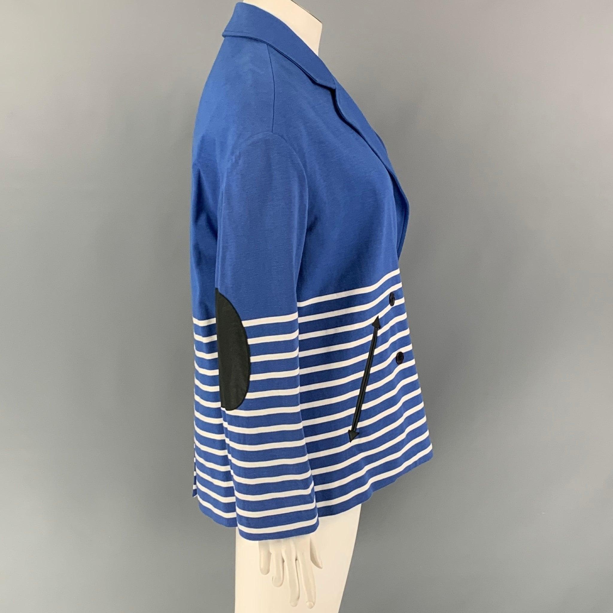 BAND OF OUTSIDERS jacket comes in a blue & white stripe cotton featuring a notch lapel, oversized fit, leather elbow patches, single back vent, and a double breasted closure. Made in Italy.Very Good
Pre-Owned Condition. 

Marked:   3 

Measurements: