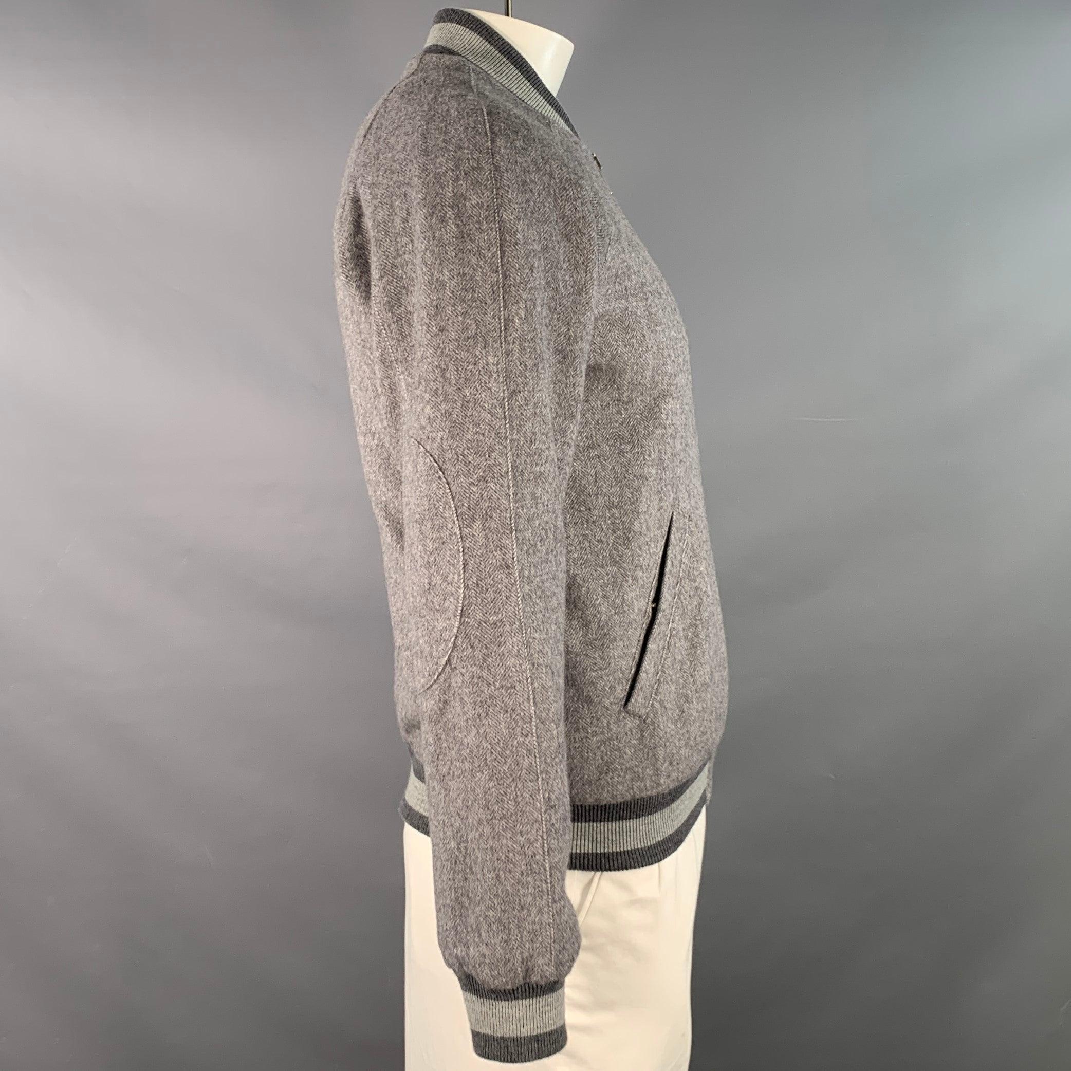 BAND OF OUTSIDERS Size L Grey Virgin Wool Mohair Herringbone Bomber Jacket In Excellent Condition For Sale In San Francisco, CA