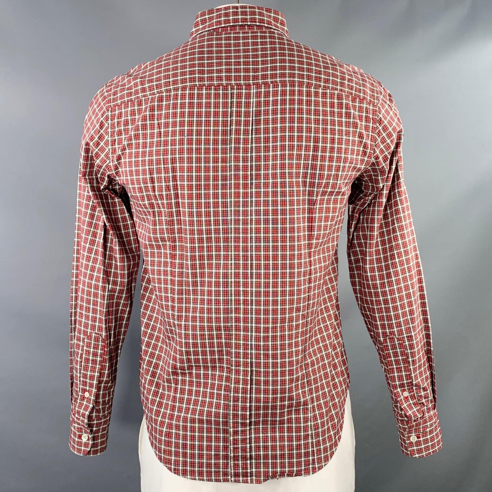 BAND OF OUTSIDERS Size L Red White Plaid Cotton Button Down Collar One Pocket Long Sleeve Shirt In Excellent Condition For Sale In San Francisco, CA