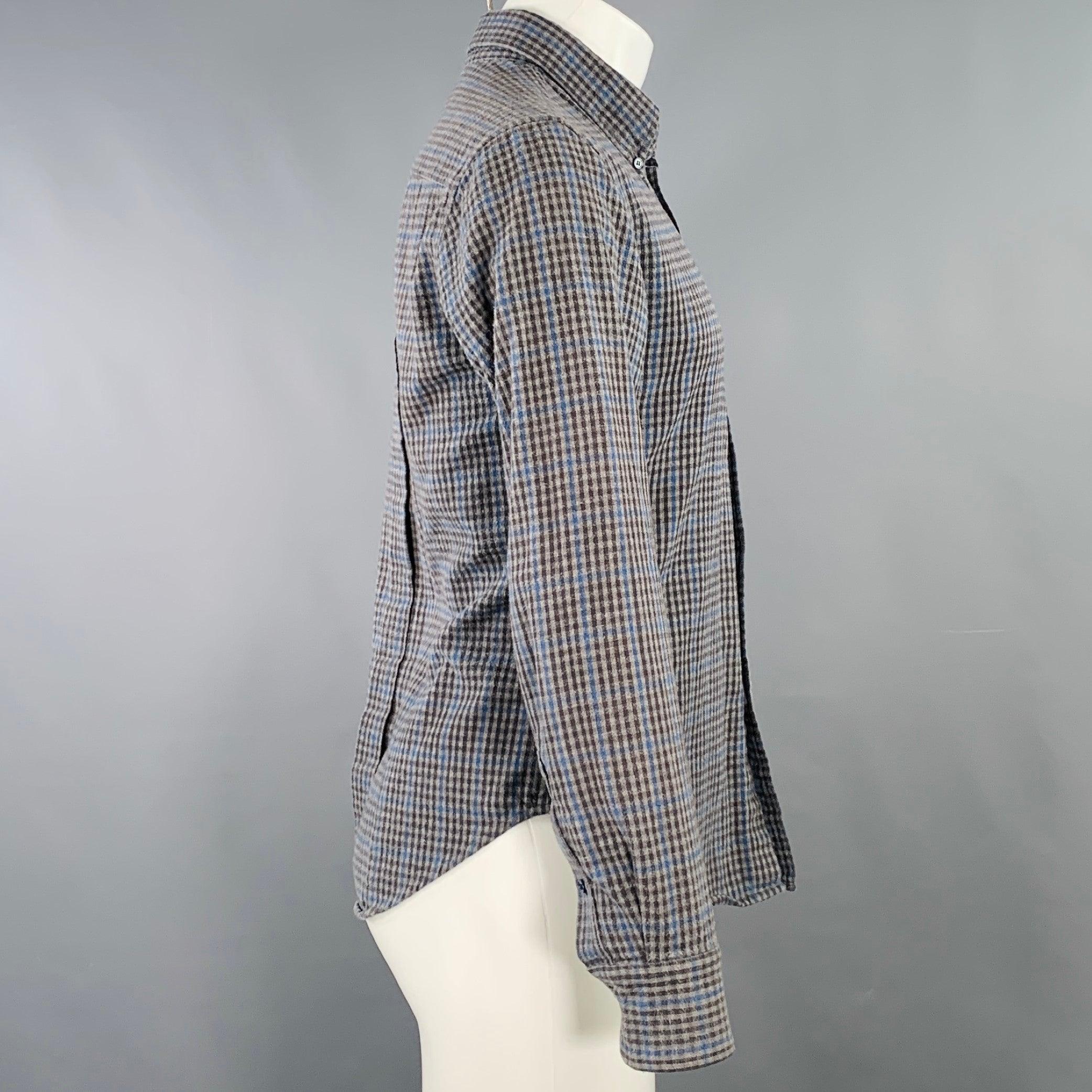 Gray BAND OF OUTSIDERS Size M Grey Blue Plaid Cotton One Pocket Long Sleeve Shirt For Sale
