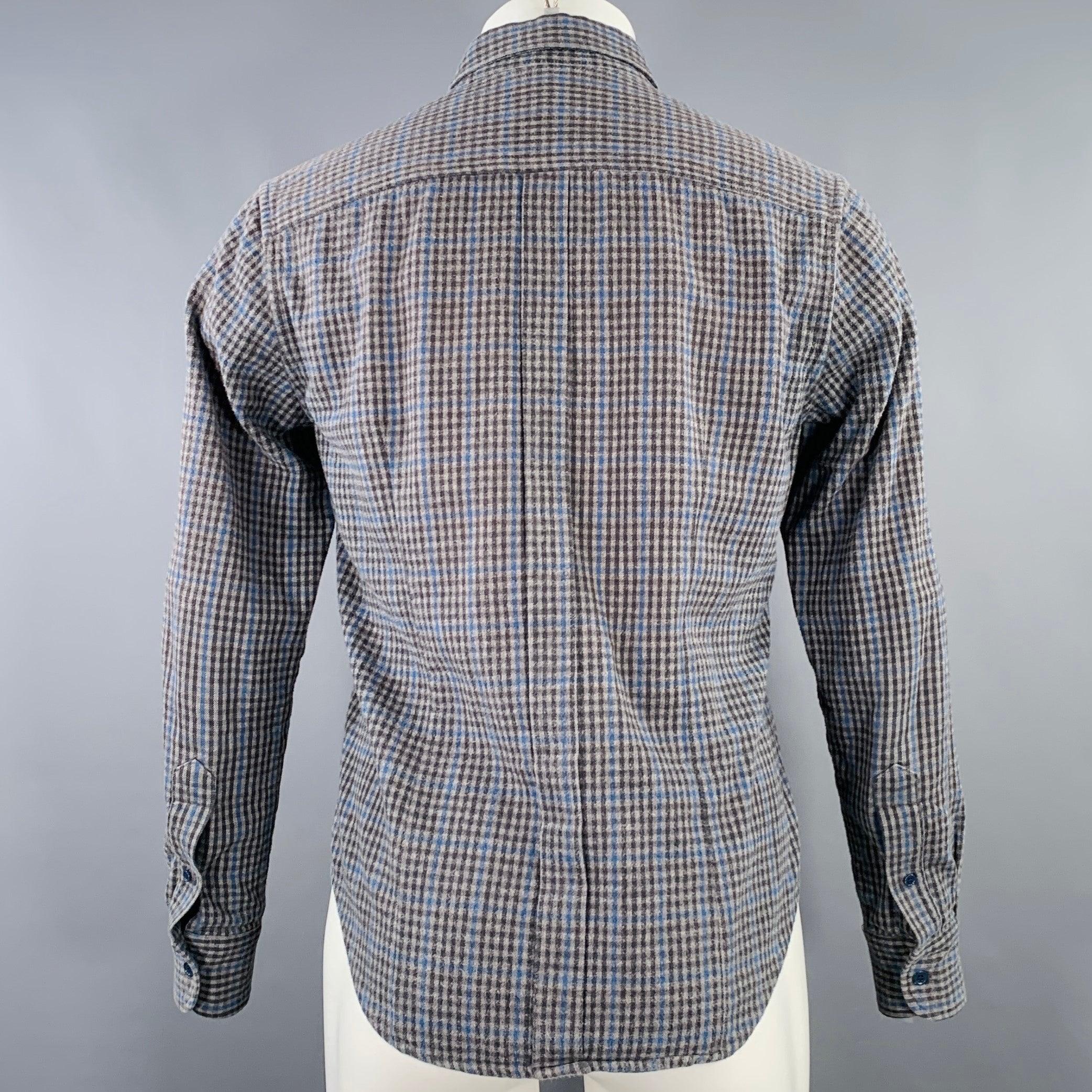 BAND OF OUTSIDERS Size M Grey Blue Plaid Cotton One Pocket Long Sleeve Shirt In Excellent Condition For Sale In San Francisco, CA