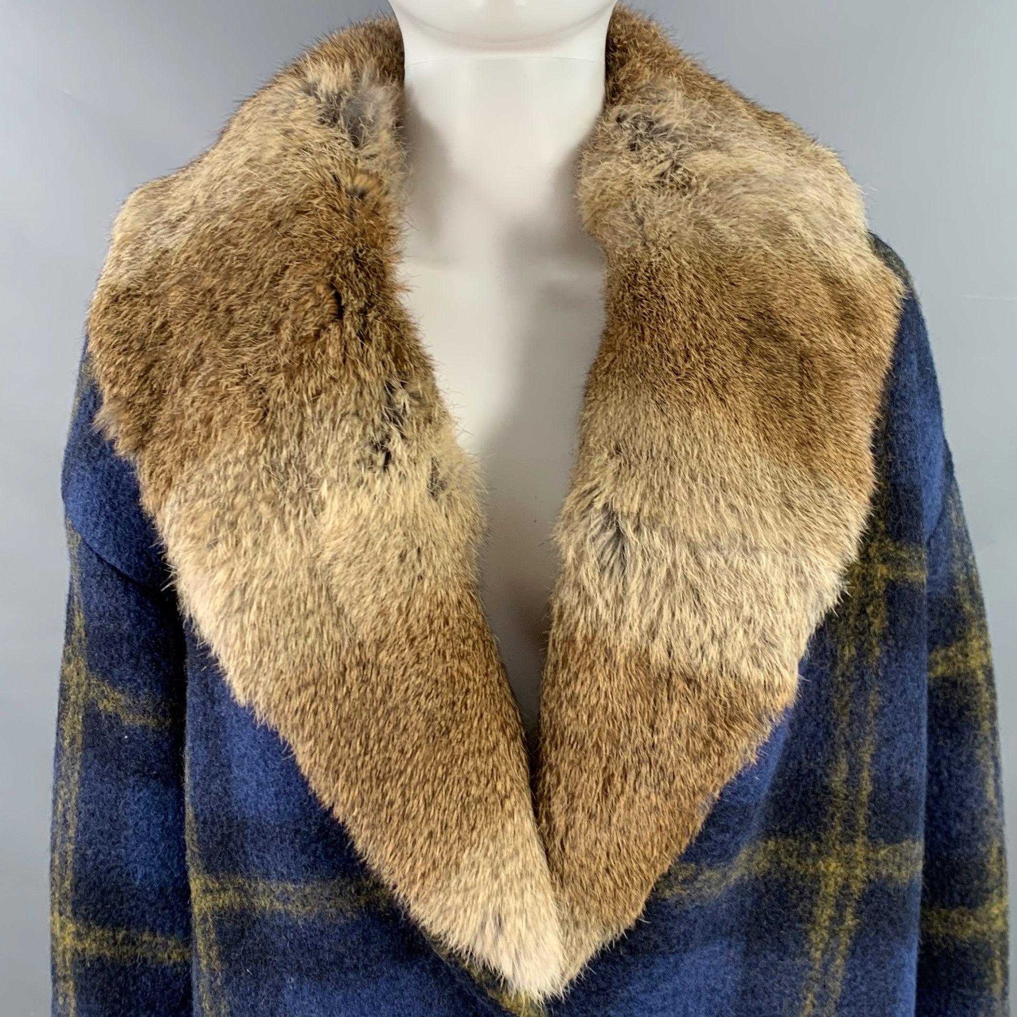 BAND OF OUTSIDERS coat
in a blue and tan wool stretch blend fabric featuring a plaid pattern, detachable rabbit fur collar, and button closure.Excellent Pre-Owned Condition. 

Marked:   3 

Measurements: 
 
Shoulder: 22 inches Bust: 47 inches