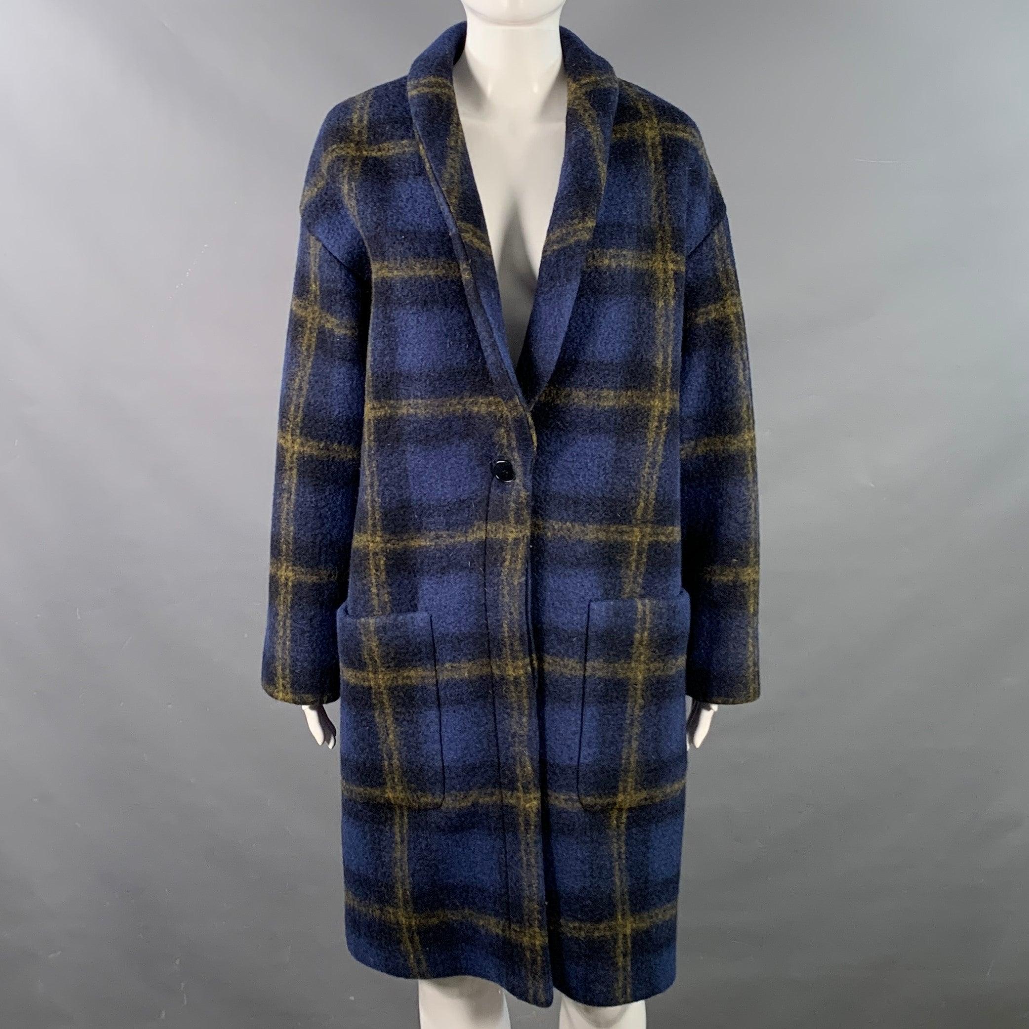 BAND OF OUTSIDERS Size S Blue Tan Wool Blend Plaid Rabbit Fur Collar Coat In Excellent Condition For Sale In San Francisco, CA