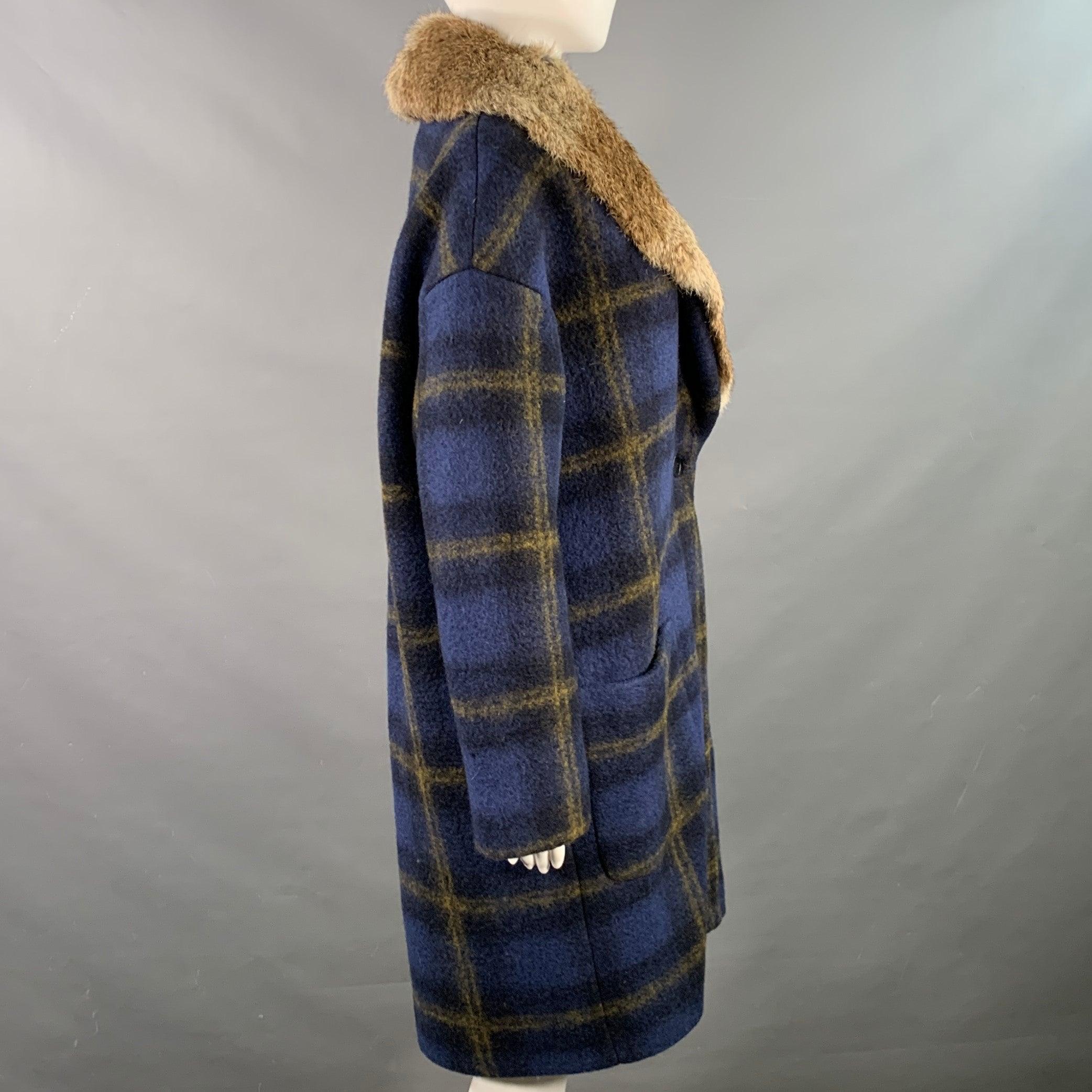 Women's BAND OF OUTSIDERS Size S Blue Tan Wool Blend Plaid Rabbit Fur Collar Coat For Sale