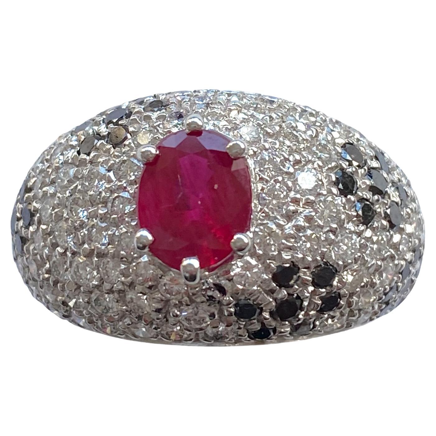 Band Pavè Ring with Natural Ruby, 18kt White Gold, Made in Italy, Vintage