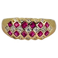Band Ring 18k Yellow Gold with Square Facetted Rubies & Diamonds ca 0.48 carat