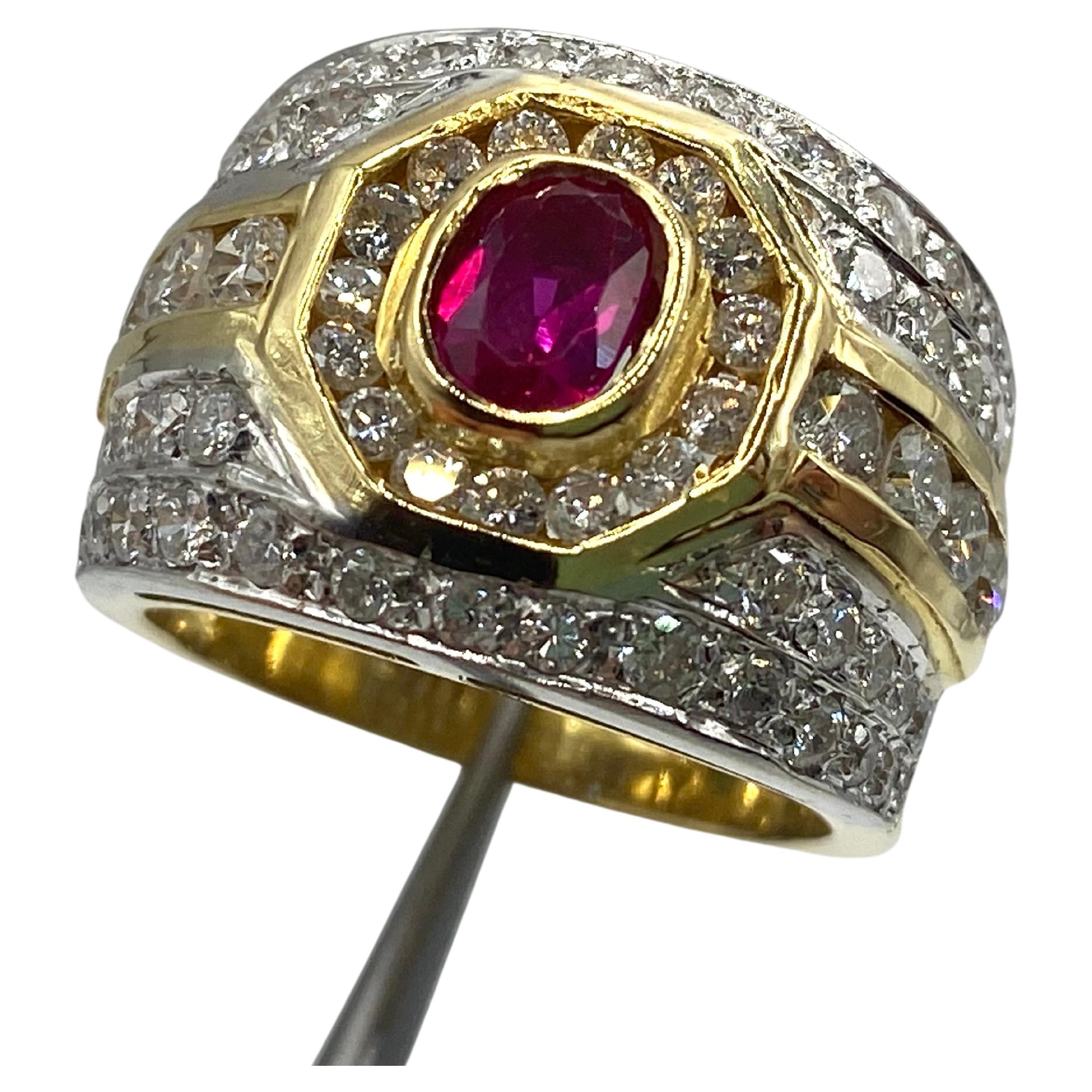 Band Ring in 18 Kt Gold, Ruby and Brilliant Cut Diamonds For Sale