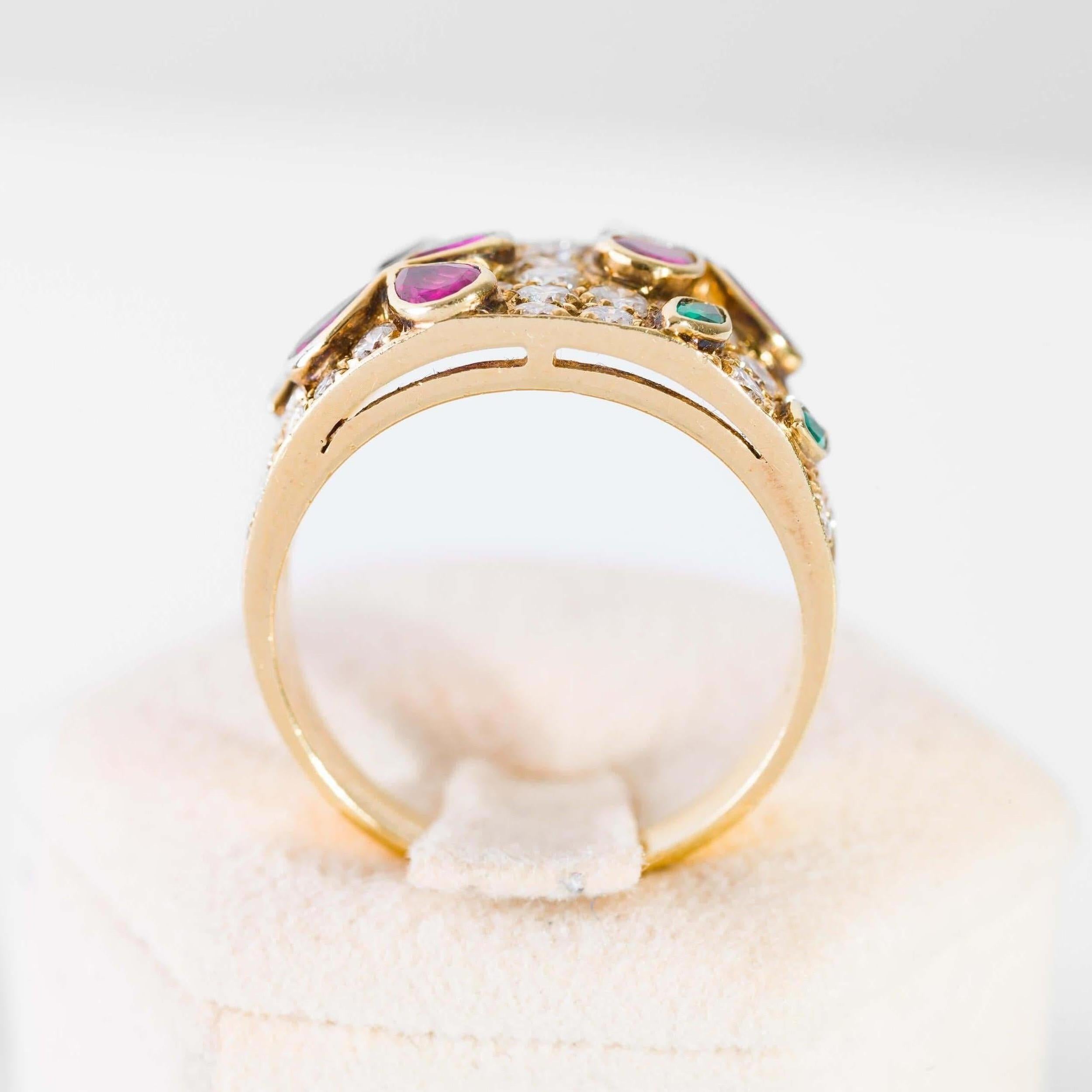 Modern Band Ring in Diamonds Yellow Gold, Drop Cut Rubies and Emeralds For Sale